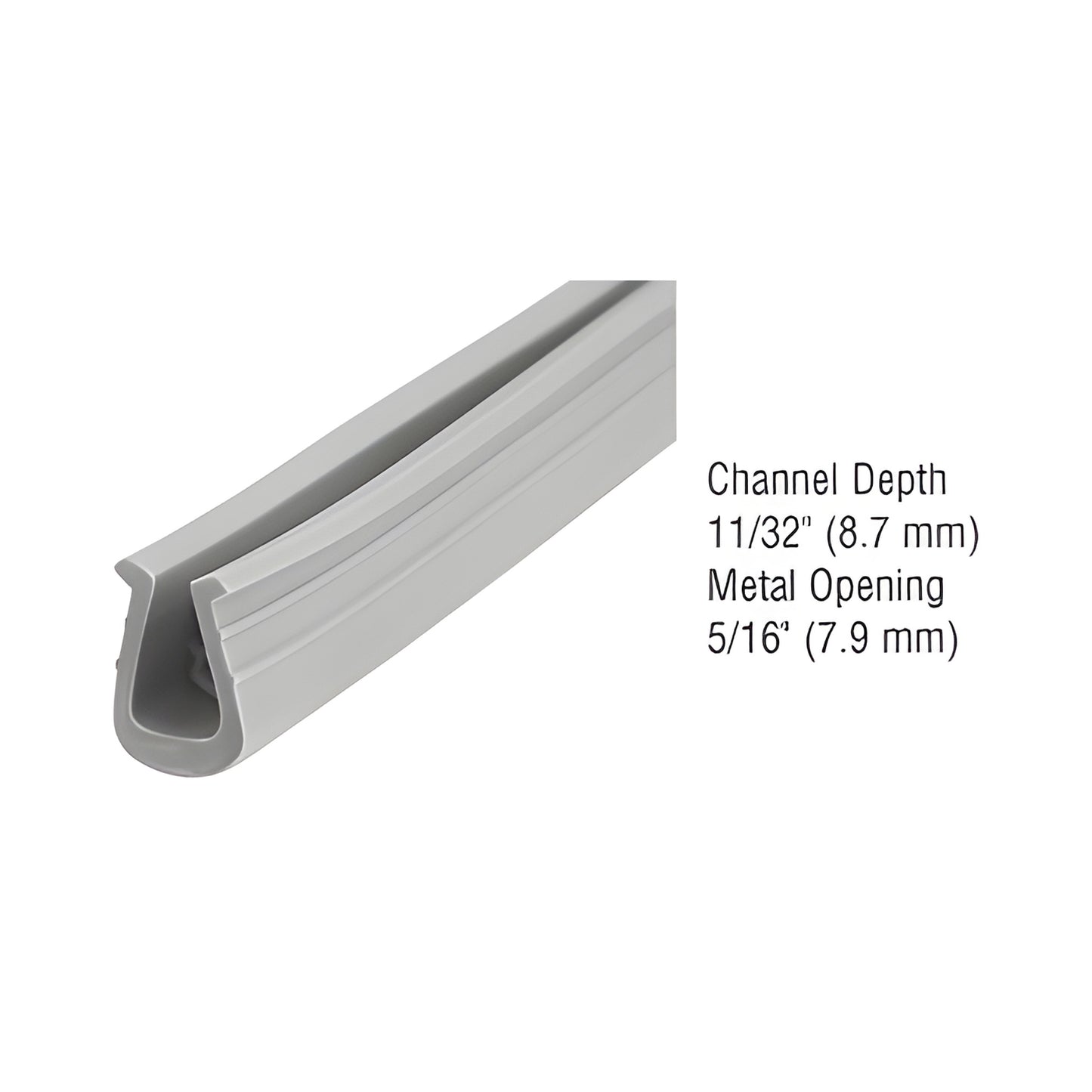 GC728C gray extruded vinyl glazing seal, U-shaped channel 11/32" (8.7 mm) fits 5/16" (7.9 mm) metal opening.