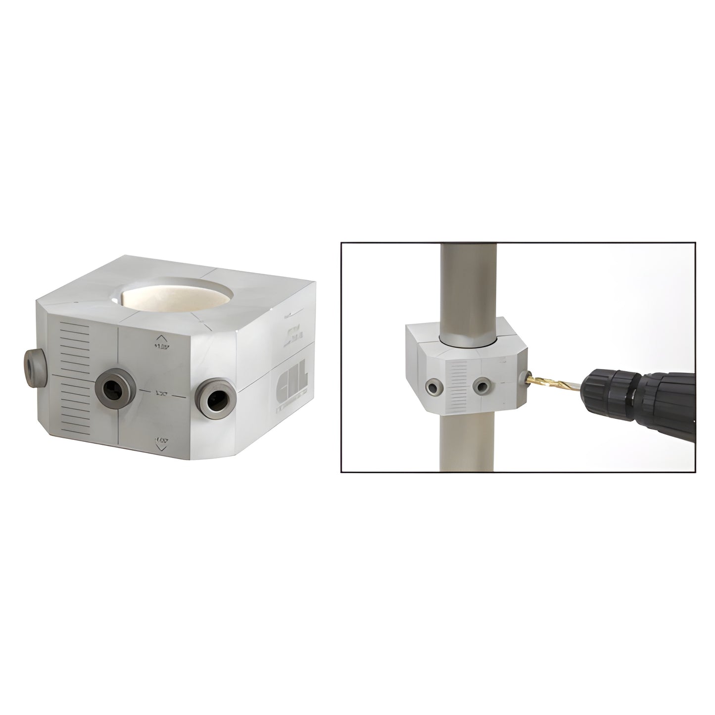 CRL P7 Post Drill Jig (P7J1G), silver square post-mounted drill guide with 5/16 guide holes, shown on a post with drill.