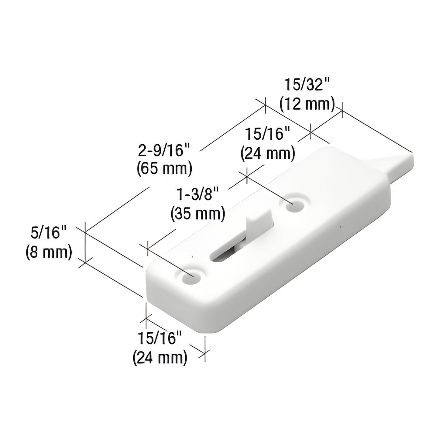 White plastic tilt window latch SKU F2737 - spring-loaded OEM-style, 2-9/16" long, 1-3/8" mounting centers, left and right pa