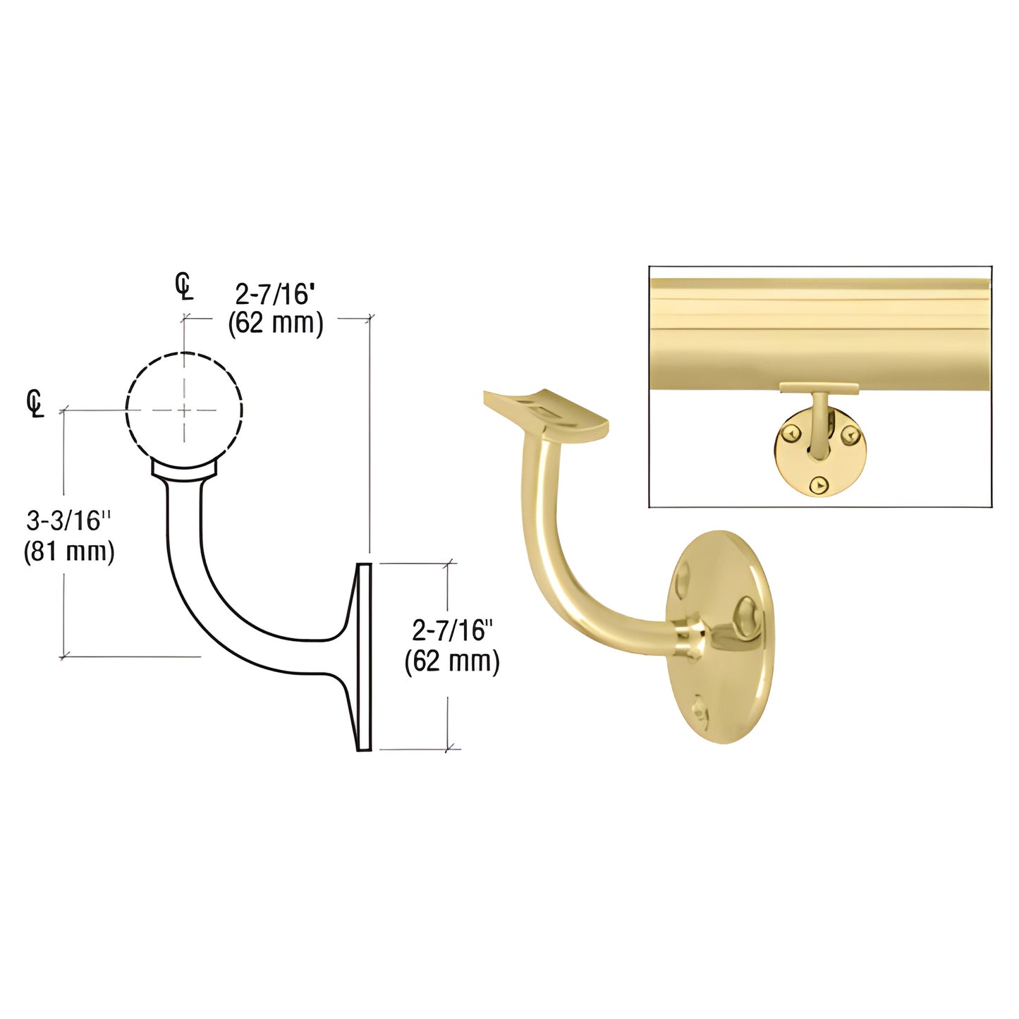 HR15TPB polished brass wall-mounted short-arm handrail bracket, fits 1-1/2" and 1.66" tubing, ready-to-install.