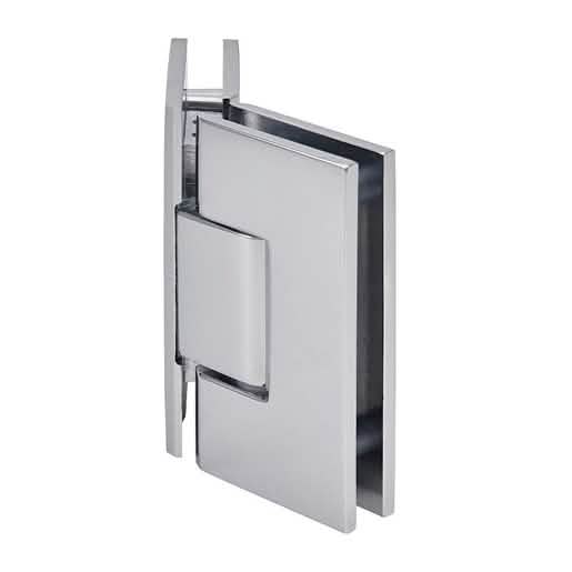 Close-up of CRL Vienna 045 Series 135° Glass-to-Glass Hinge in Polished Chrome Finish