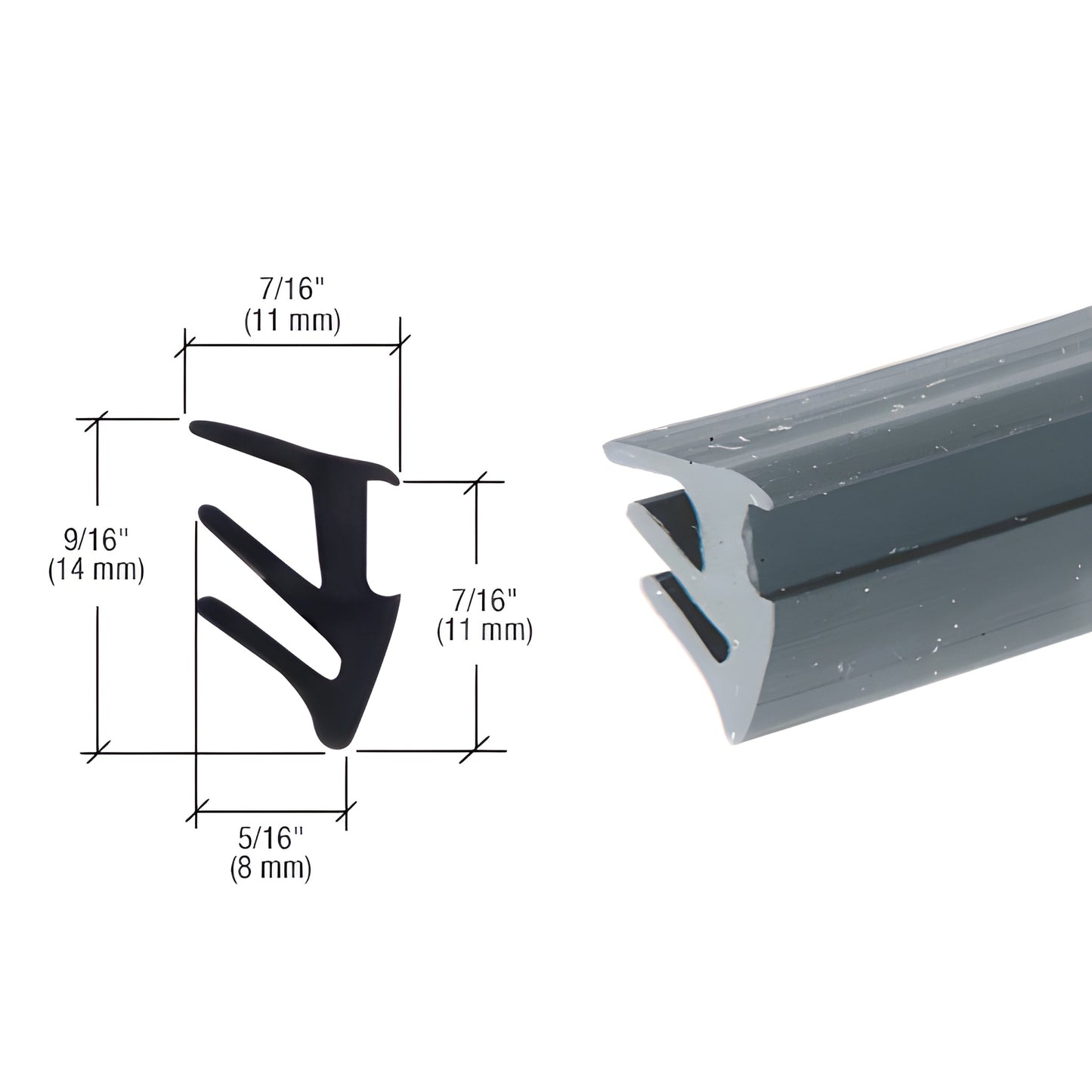 RGG38100 gray roll in glazing gasket for 3/8" (10 mm) glass, profile and angled detail with dimensional callouts.