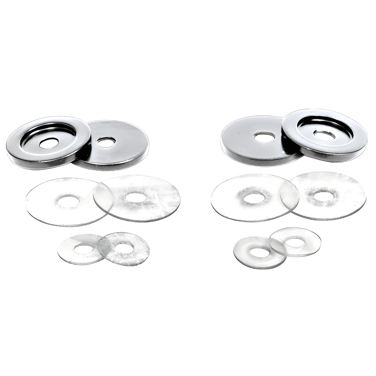 Brushed nickel brass end caps with clear plastic washers for 3/4" (19mm) pull handles, SKU 30WKBN