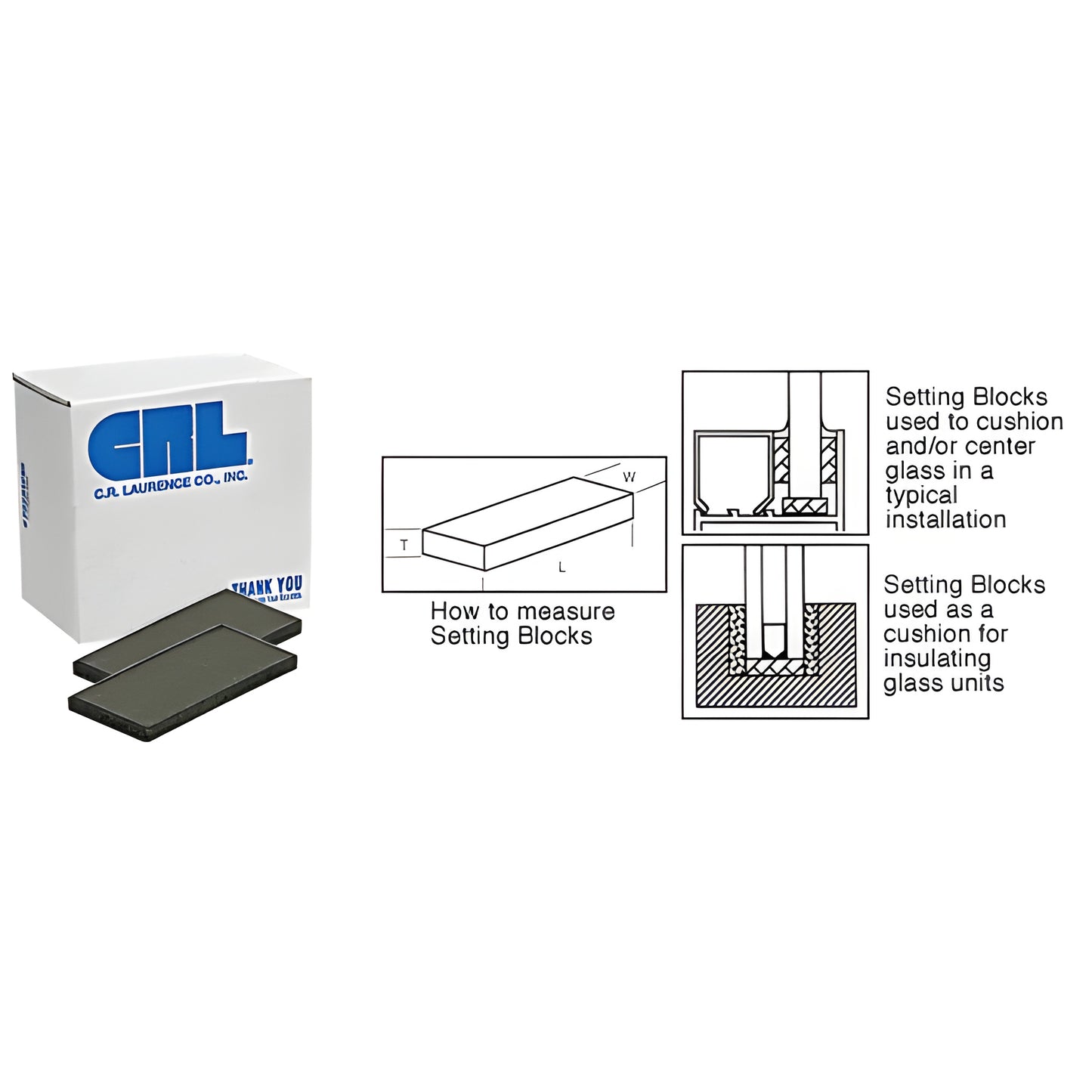 SB587 neoprene glass setting blocks, black 2 1 1/16 in, retail box with two rectangular blocks and installation diagrams