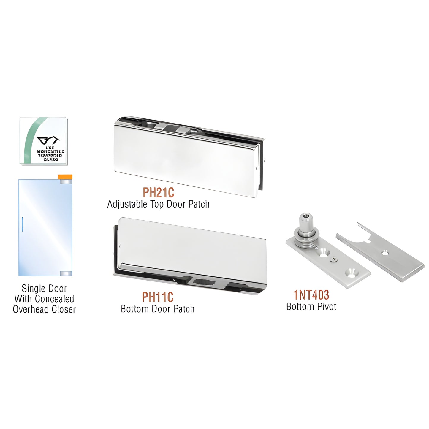 PHE2A frameless glass door patch kit, adjustable top PH21C, bottom PH11C and 1NT403 pivot, satin anodized finish.