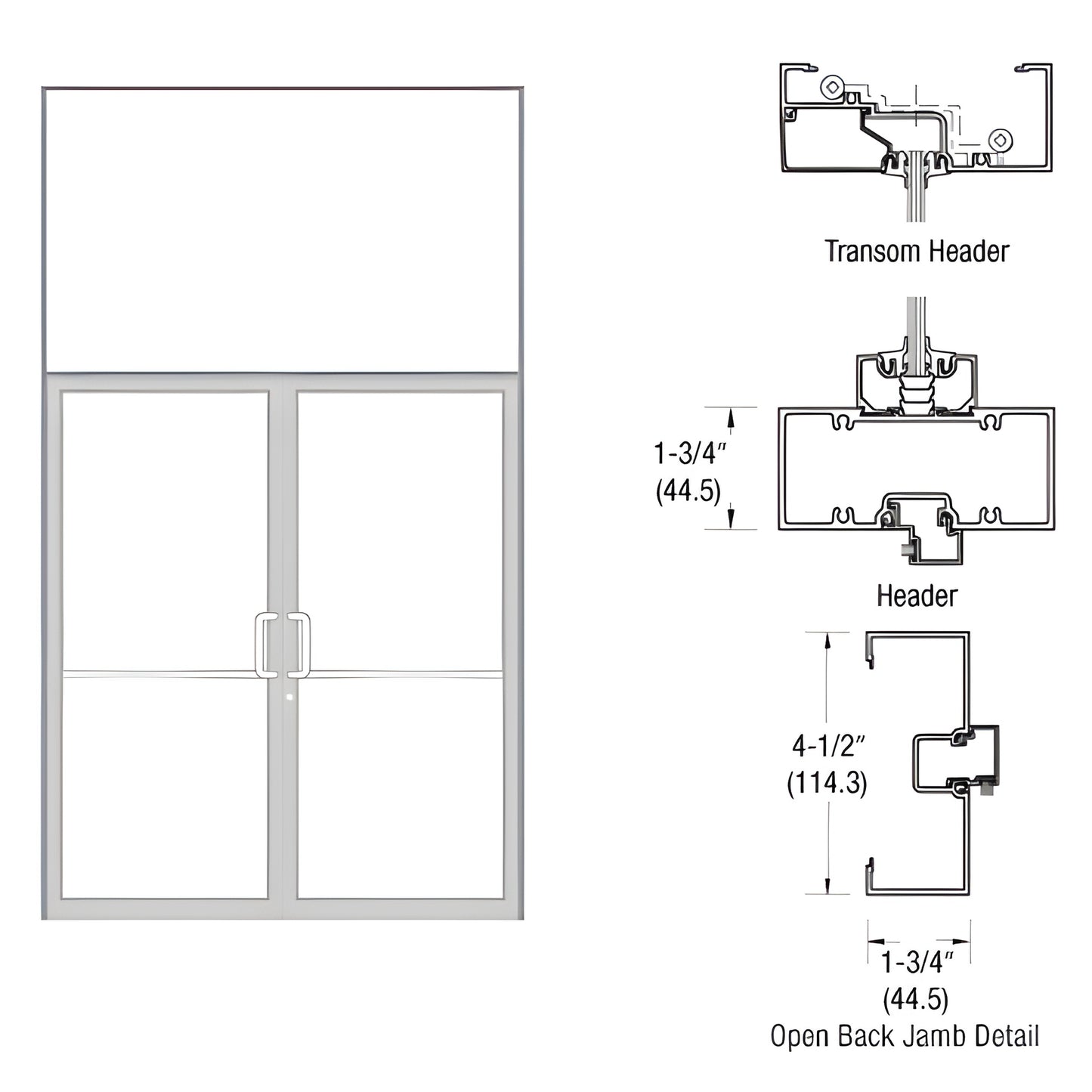 Clear anodized aluminum gear-hinge transom frame with open back jambs and double doors, built for 72x84 door (SKU 0B62811)