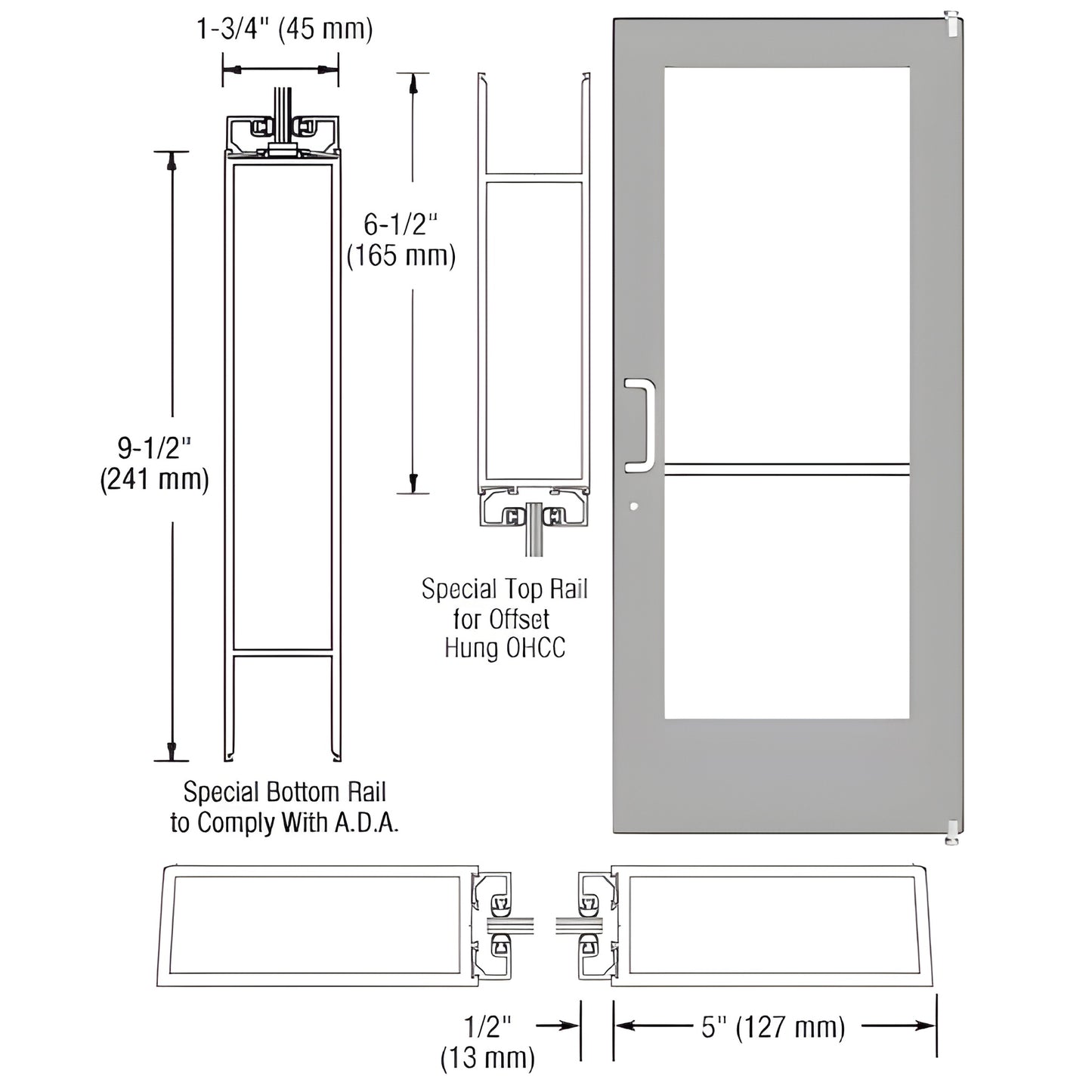 Clear anodized wide-stile entrance door SKU CD51111L036105 - 5" stiles, ADA 9.5" bottom rail, glass, push/pull hardware