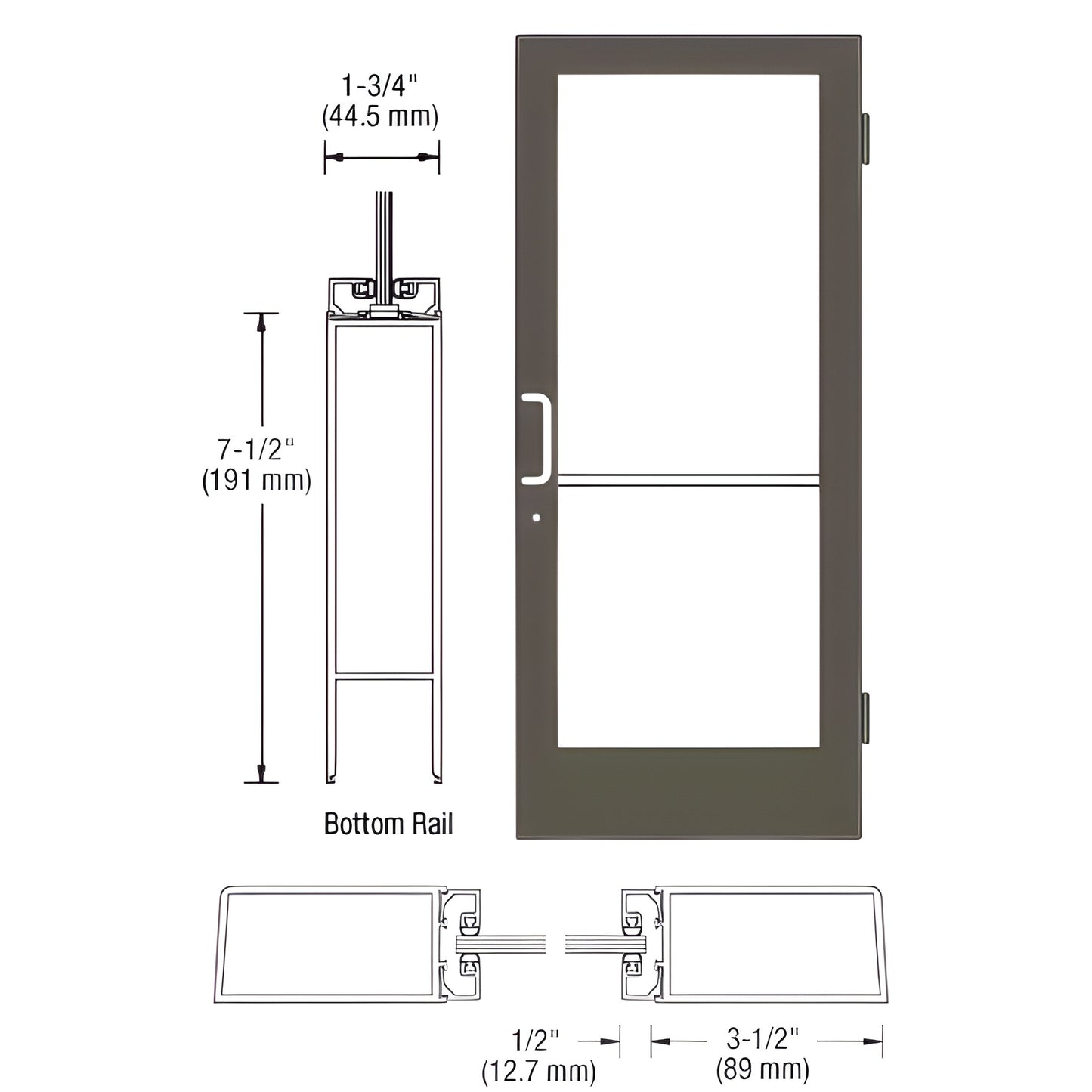 HE41522 black bronze medium-stile commercial entrance door with 7-1/2" bottom rail, glass and push/pull hardware.