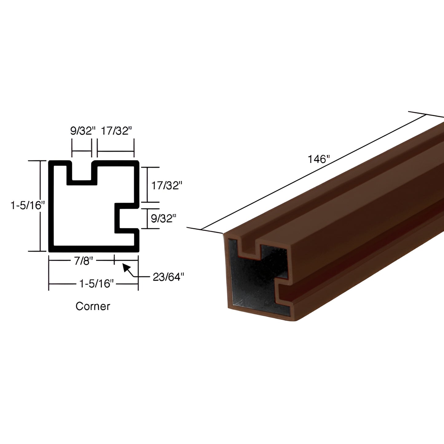 Sculptured Series aluminum 90 corner post, dark bronze anodized, 1-5/16" square, pocket for 5.5-6mm glass, 146" (SKU 6431010