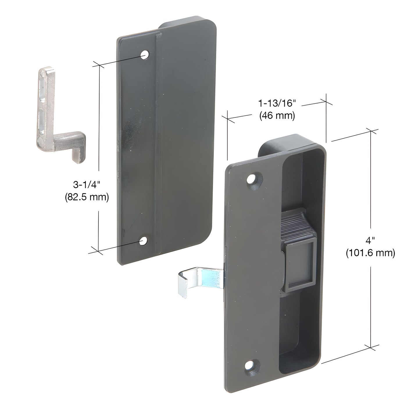 AG304 black plastic flush latch and pull set with stamped steel hook, 3-1/4" screw hole centers.