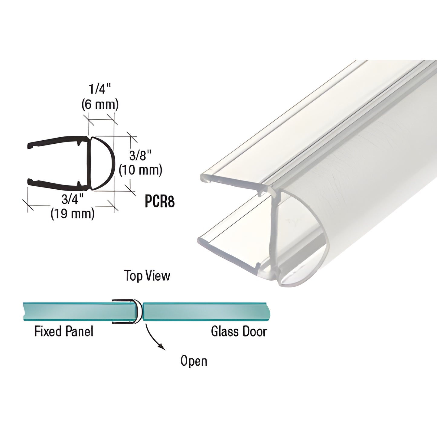 PCR8 clear polycarbonate U-channel with bulb seal for 8mm glass, low-profile door gasket, 95 in length