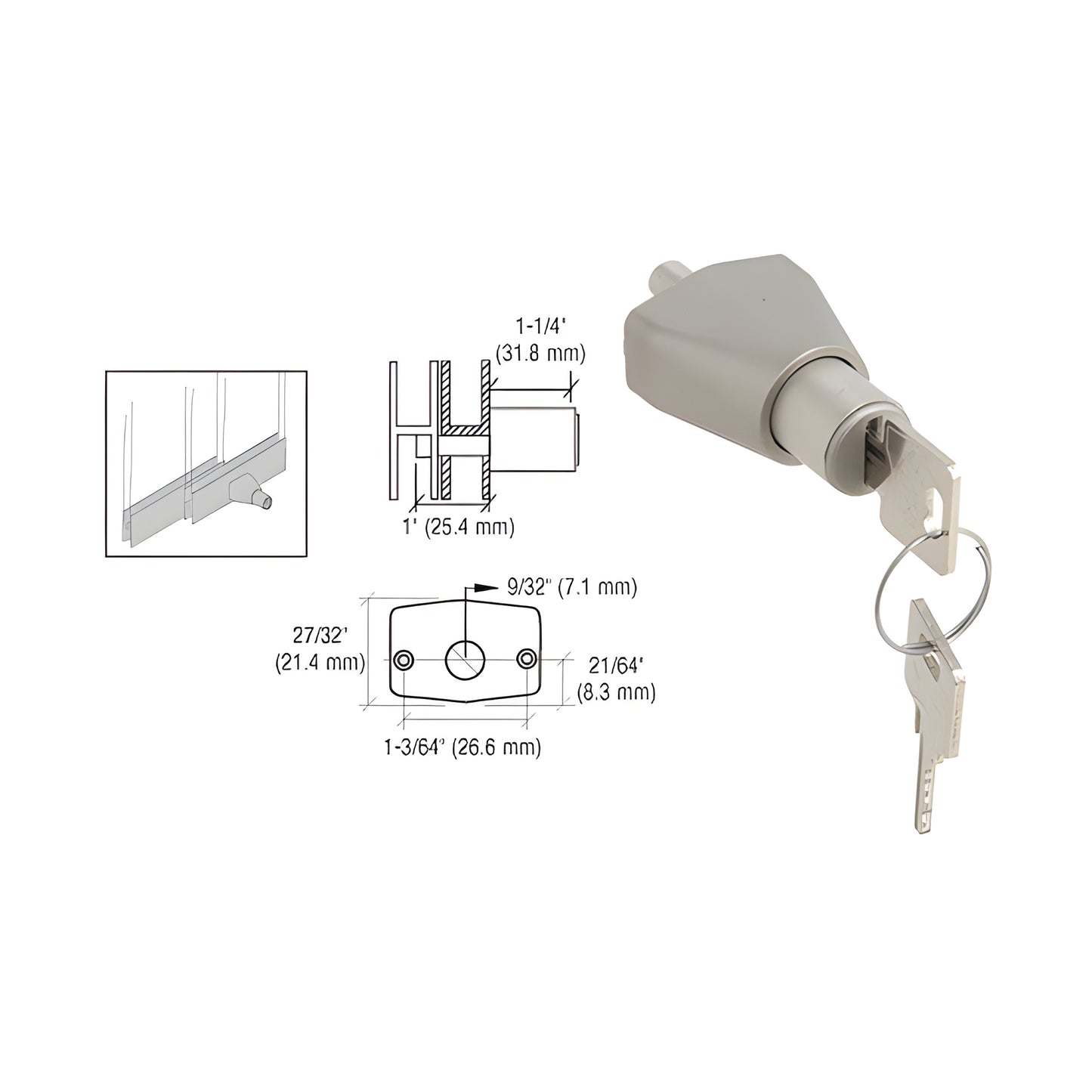 Satin chrome CRL no-drill sliding door lock for H-bar extrusions, aluminum, keyed alike (SKU 0911SCKA)