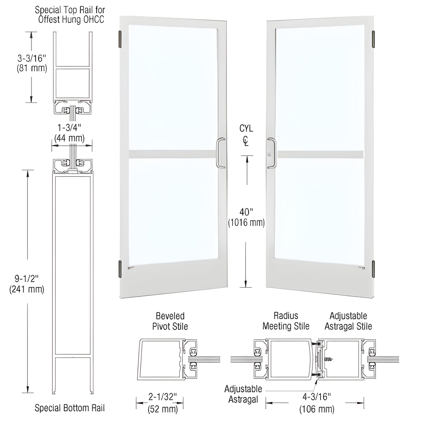 White Kynar narrow-stile commercial entrance door with glass, ADA 9-1/2" bottom rail, concealed panic hardware (SKU CZ22452)