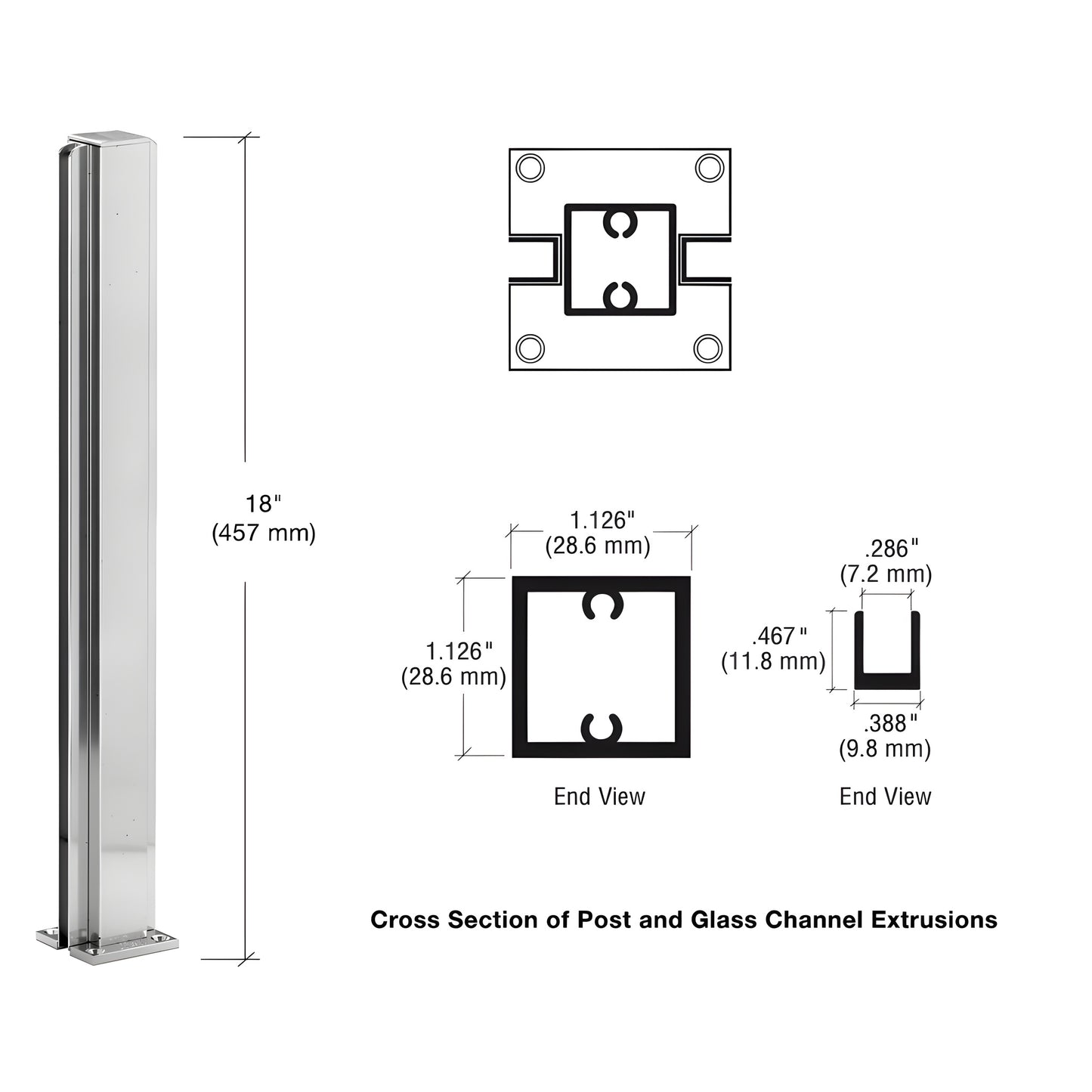 Bright anodized aluminum square partition post 18" tall with U channel for 1/4" glass, square base and top cap.