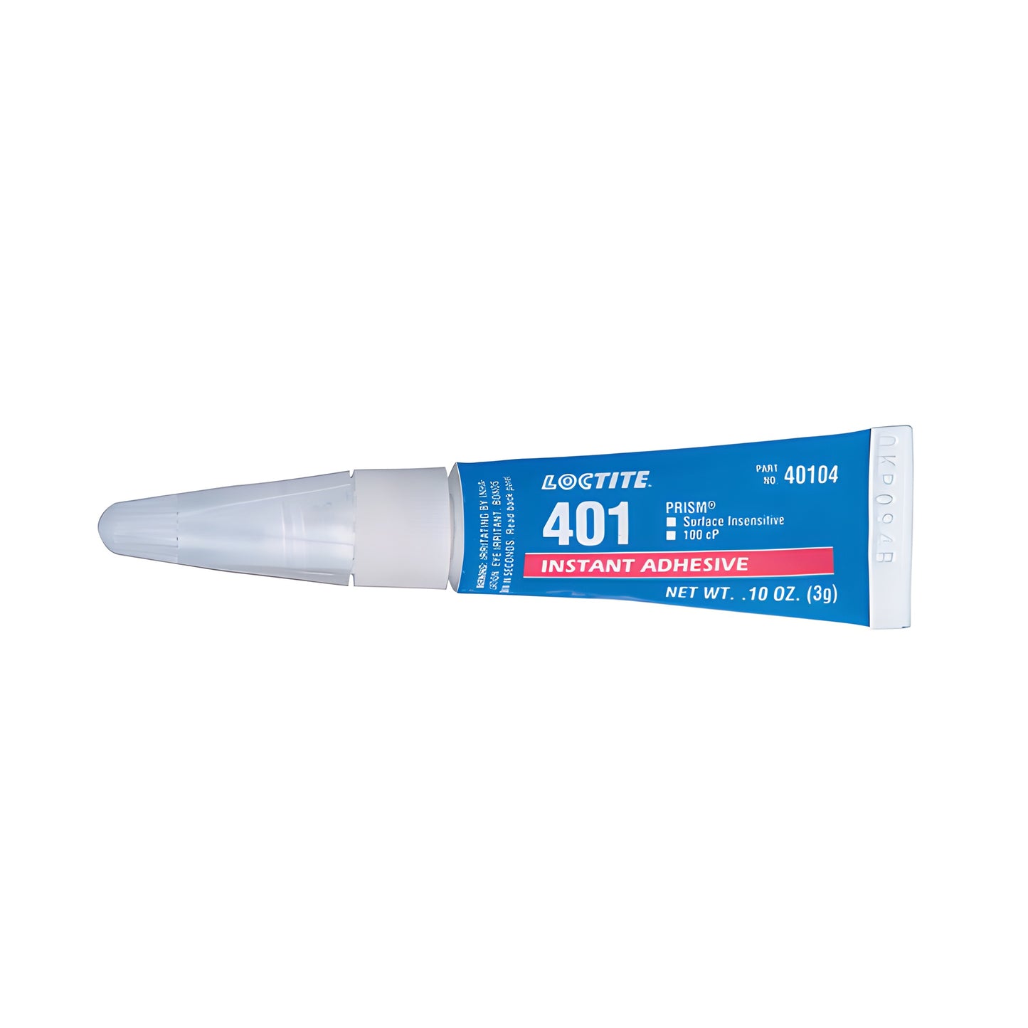 Loctite Prism 401 instant adhesive gel tube (0.1 oz) with blue label, white screw cap and translucent applicator tip.