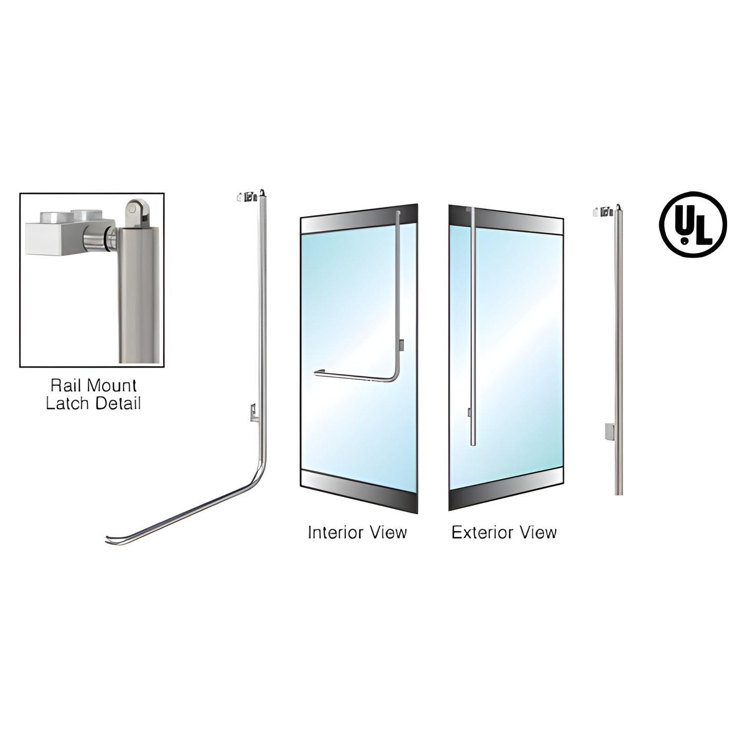 PA100LS3RPBS brushed stainless panic rail handle, 1-1/4" tube for 1/2-3/4" glass doors - interior push bar, right-hand revers