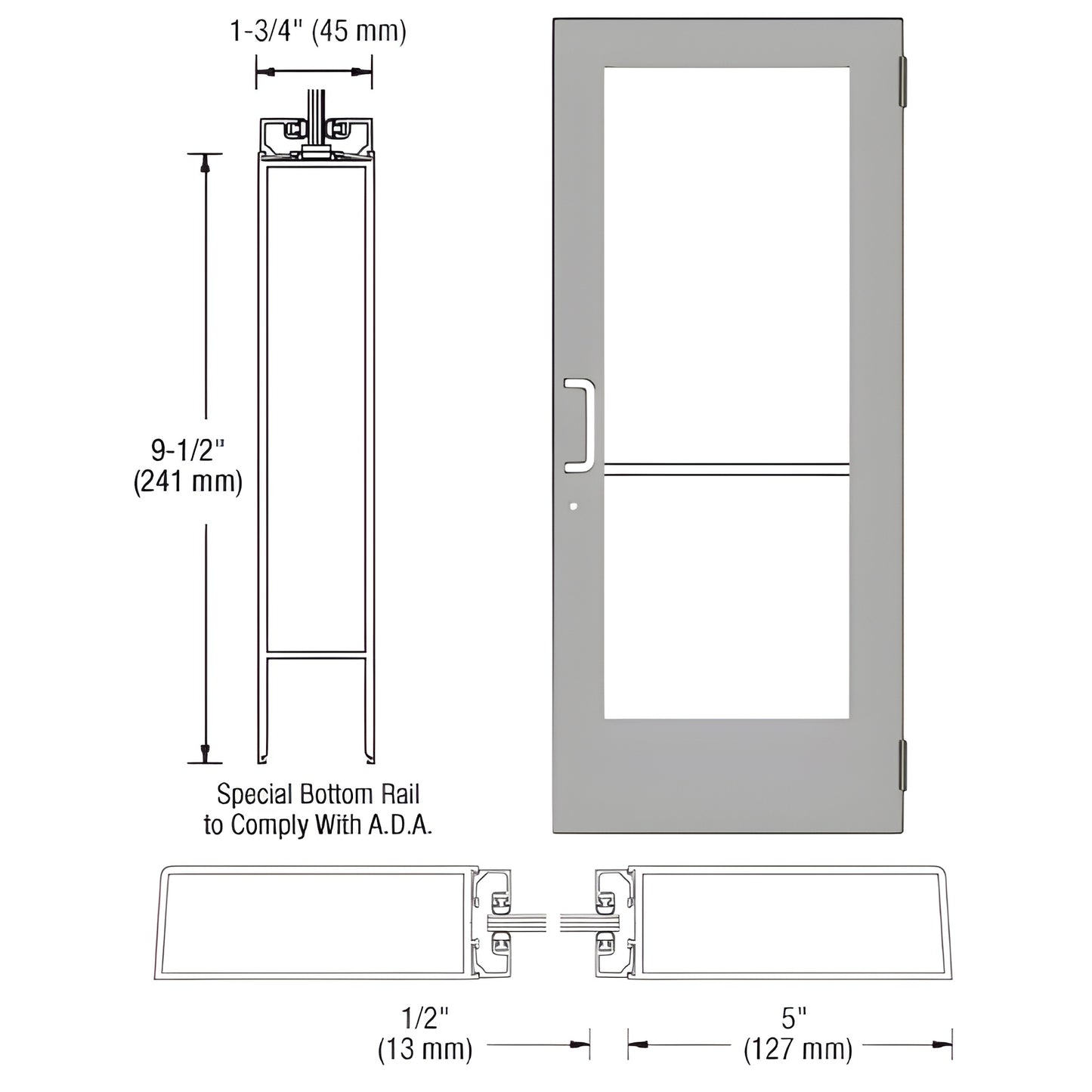 Clear anodized commercial entrance door CD51511 - 5" stiles, 91 2" ADA bottom rail, frame for 1/4" tempered glass.
