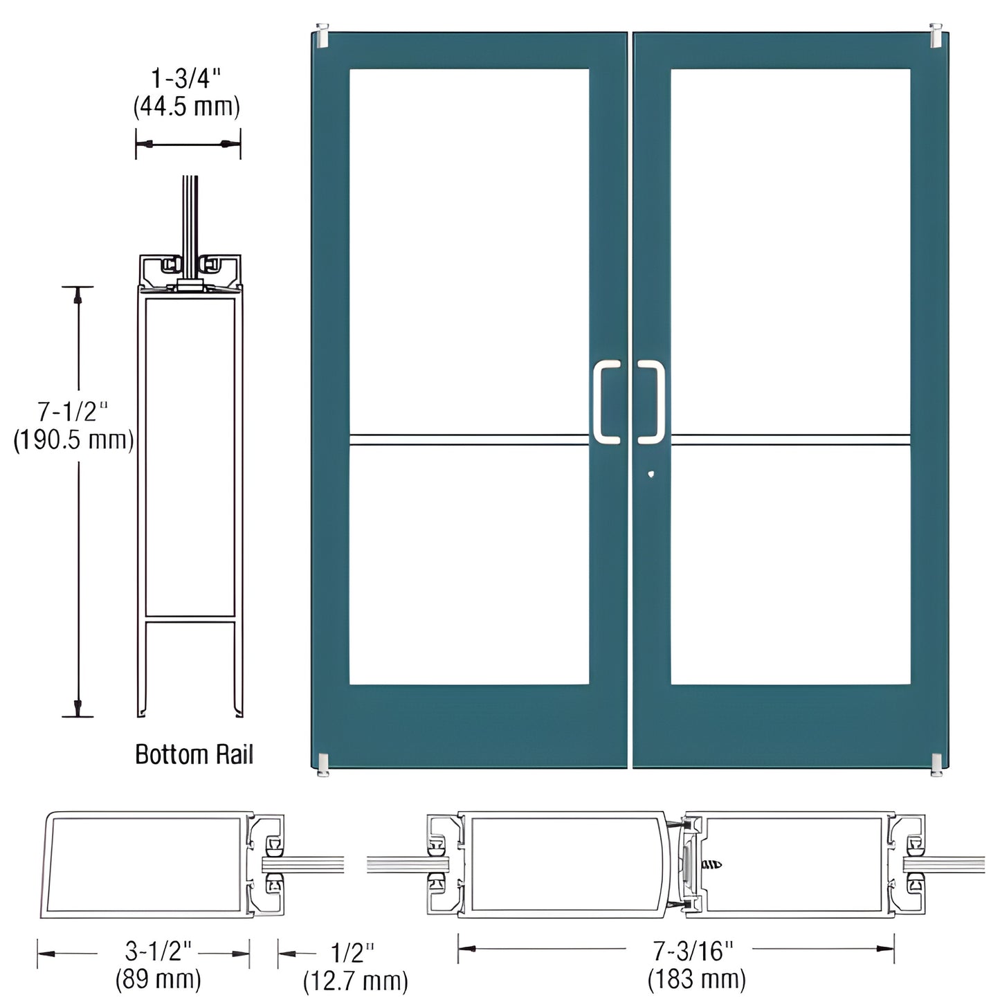 Custom Medium Stile double entrance door HE42271, teal aluminum frame with large glass panels, 71 2 bottom rail