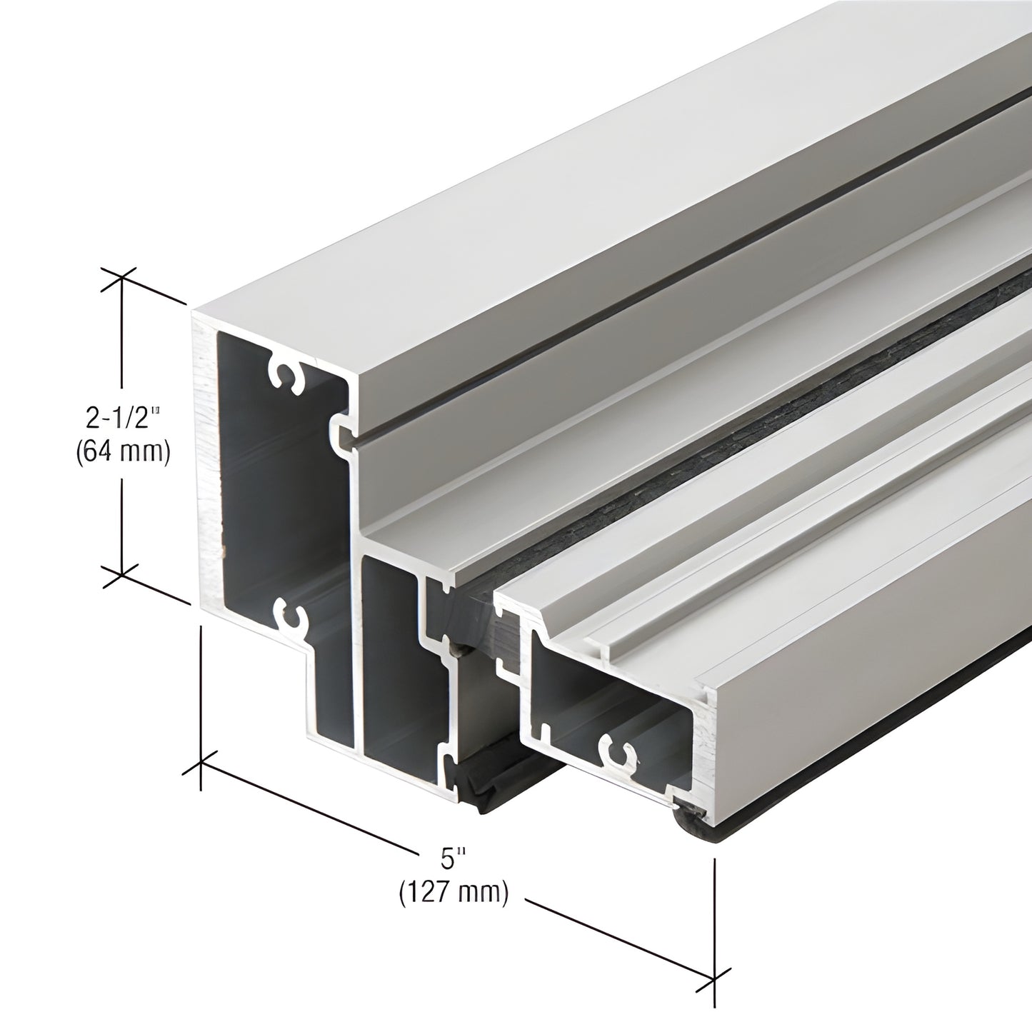 BT86711 clear anodized 6063 T5 extruded aluminum profile, 2-1/2 in x 5 in cross-section, architectural sash/curb section.