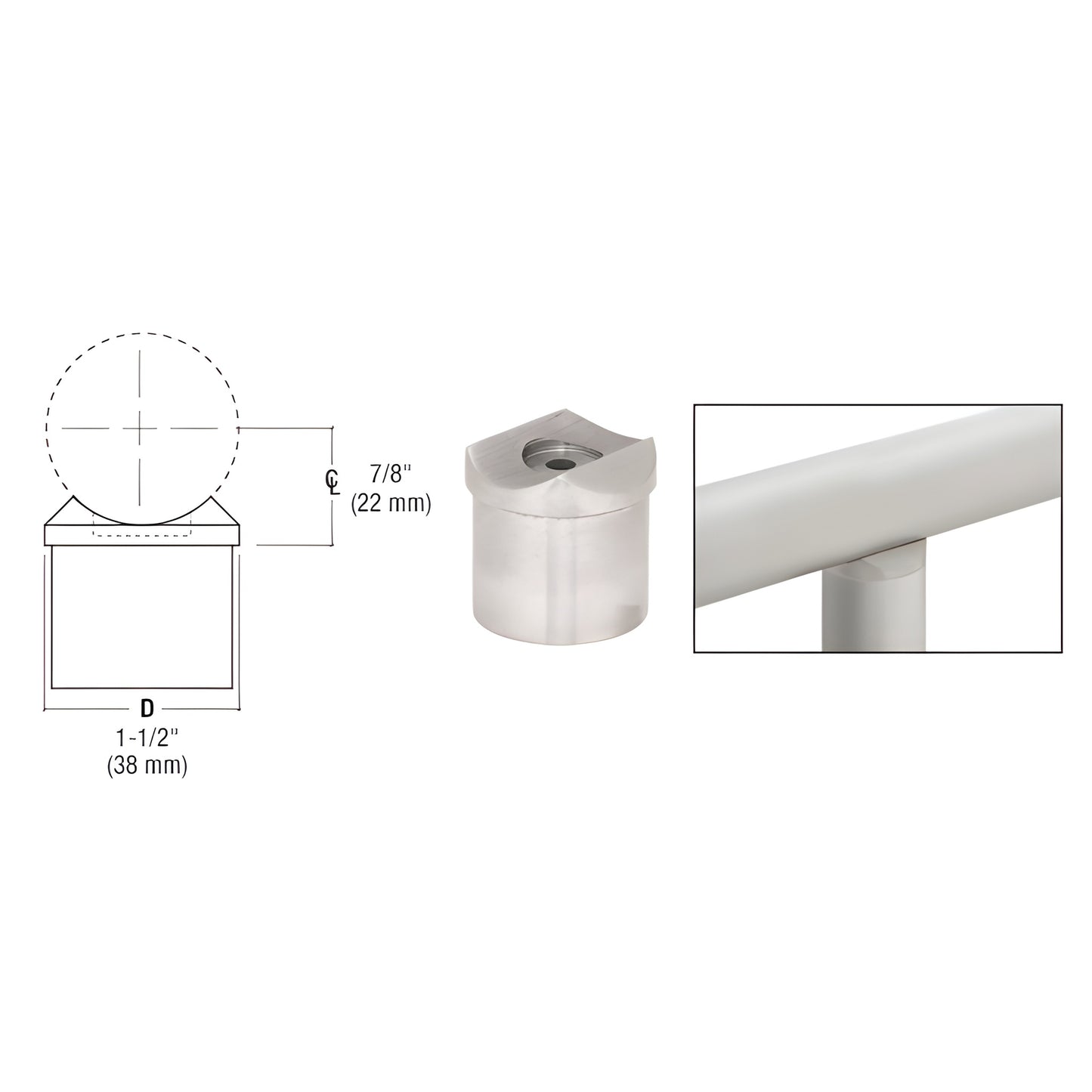 Brushed stainless steel perpendicular collar for 1-1/2" post, 7/8" high. SKU HR15PCBS