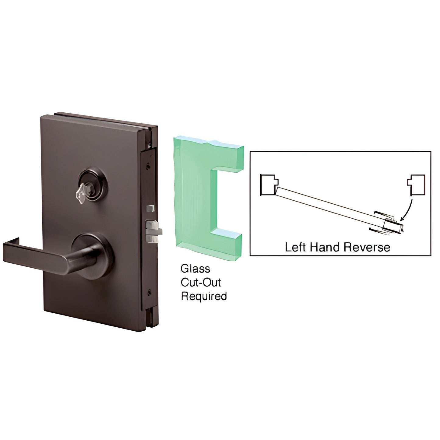 DL611LSDU black bronze 6x10 center deadlatch for 1/2" tempered glass, left-hand reverse, lever and cylinder.