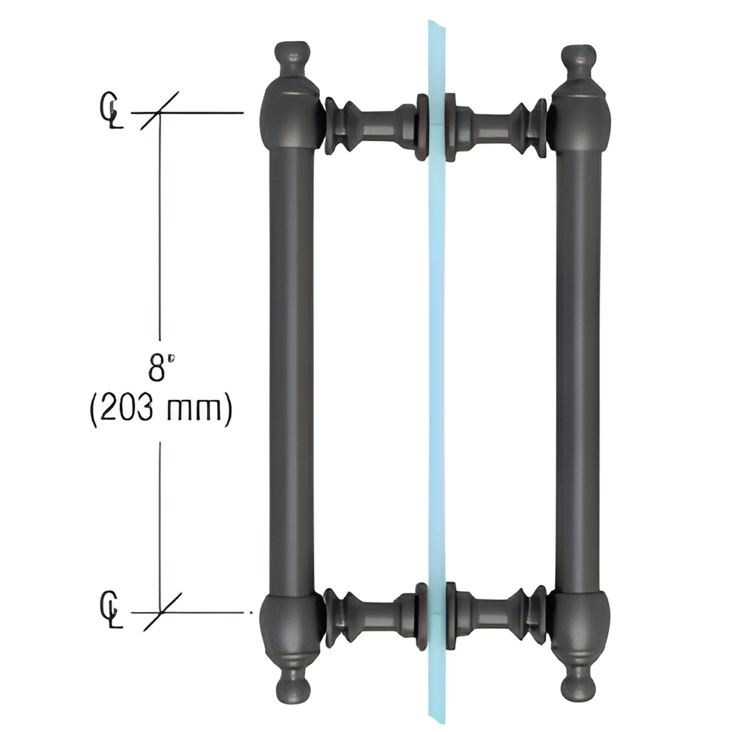 Matte black Colonial brass back-to-back pull handle, 8 in center-to-center, fits 1/4-1/2 in glass. SKU C0L8X8MBL