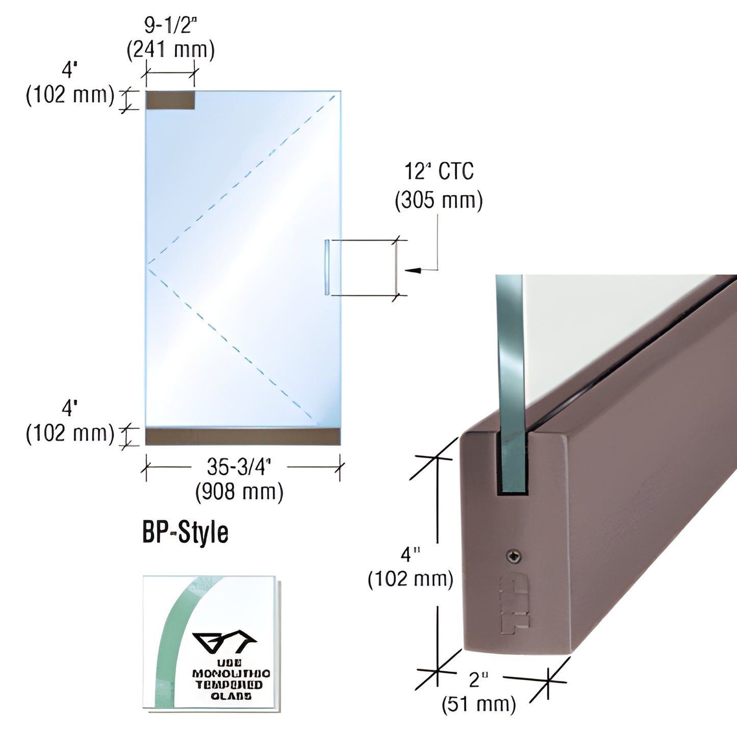 BP4DU12S BP-style frameless glass door kit - aluminum dry-glaze rails, 1/2" tempered glass, black/bronze anodized finish