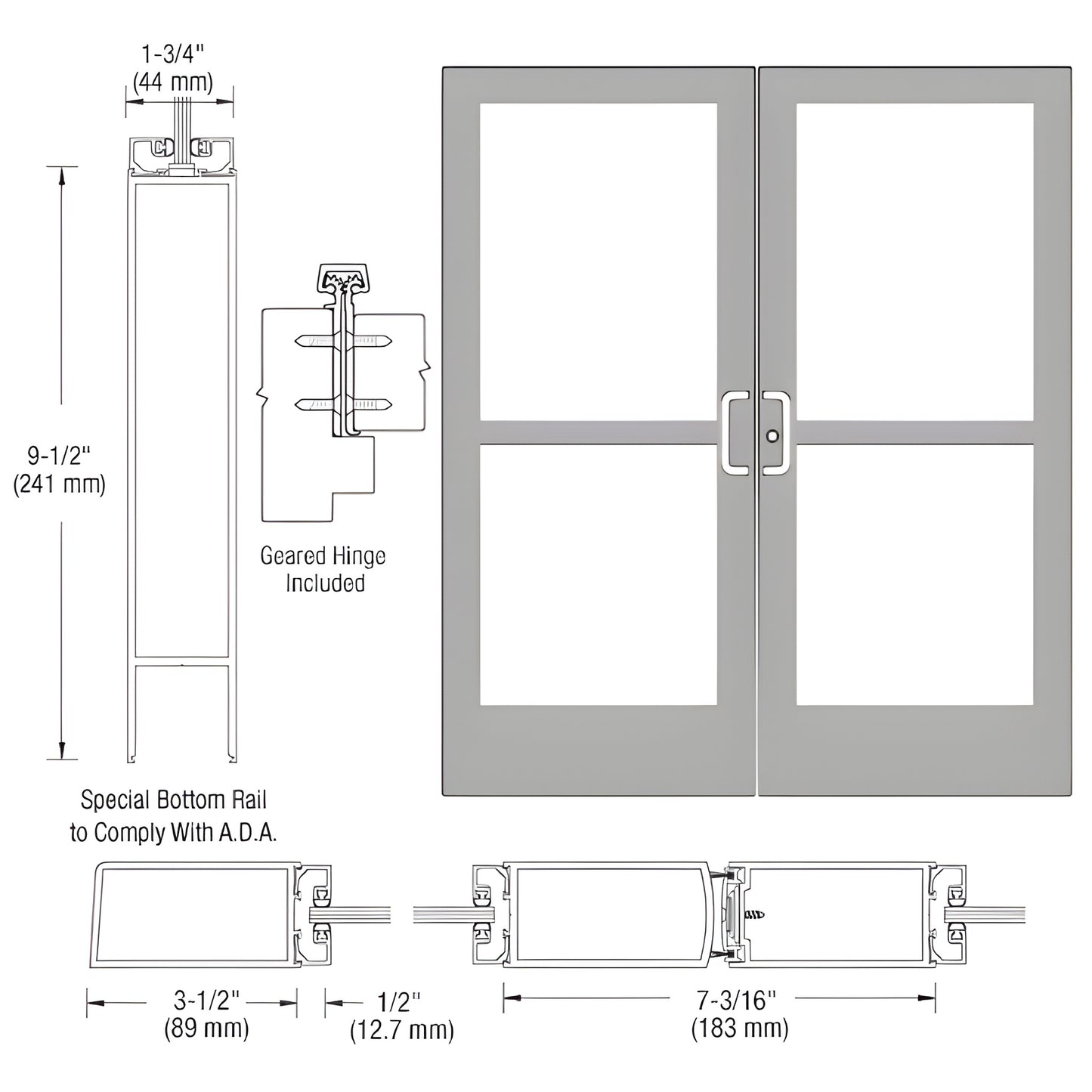 CRL CZ42811 clear anodized medium-stile double entrance door with 9-1/2" ADA bottom rail and 1/4" glass prep