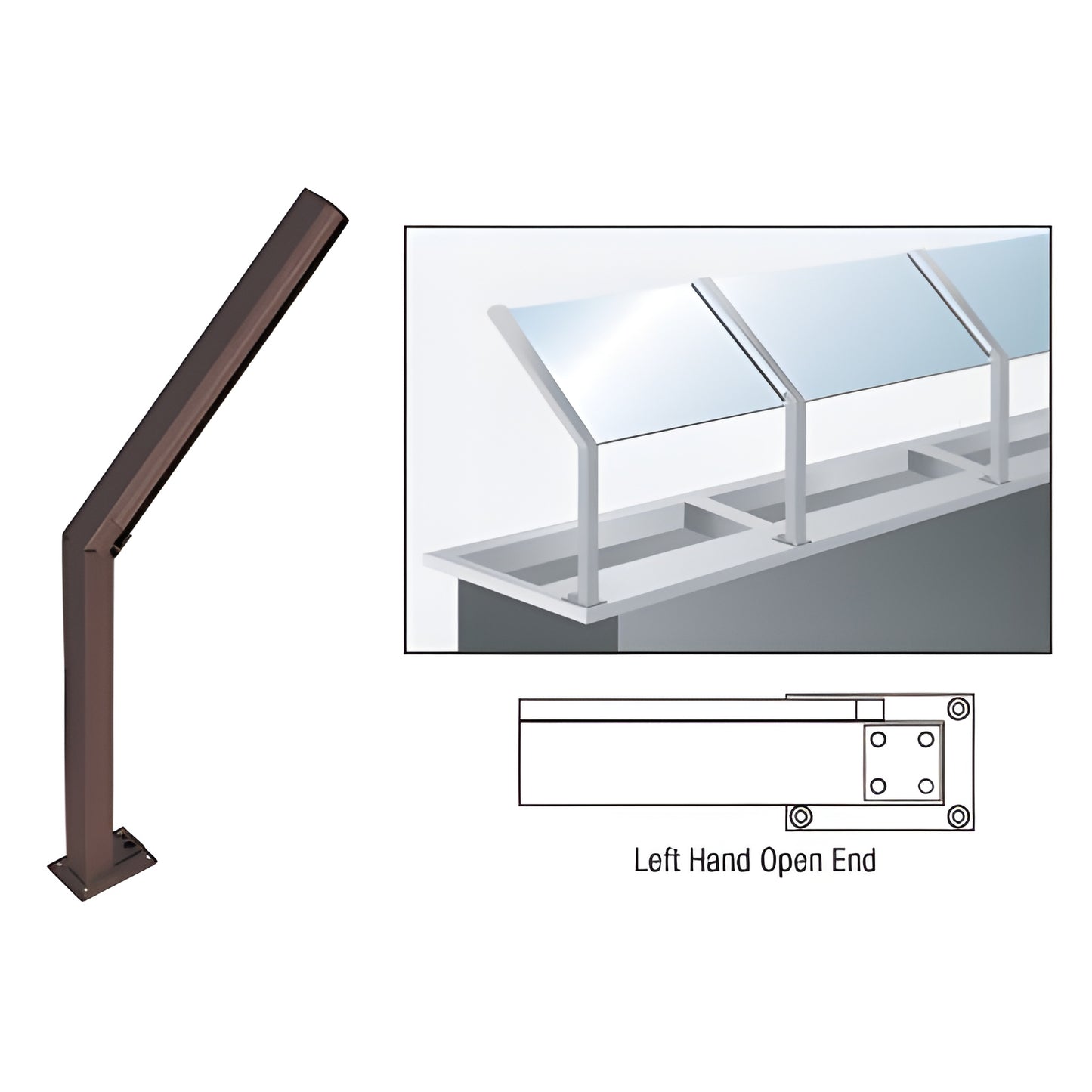 Dark bronze anodized 14 in aluminum left-hand open-end sneeze guard post, 45 deg slant for 1/4 in glazing