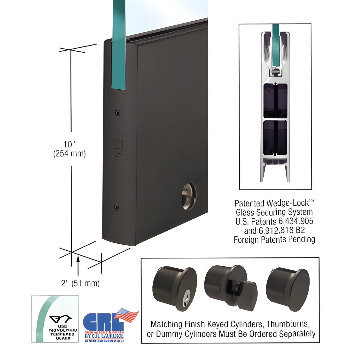 CRL Wedge-Lock bottom door rail DR10SDU12CL, black bronze anodized, 10" x 2", for 1/2-3/4" glass, includes lock