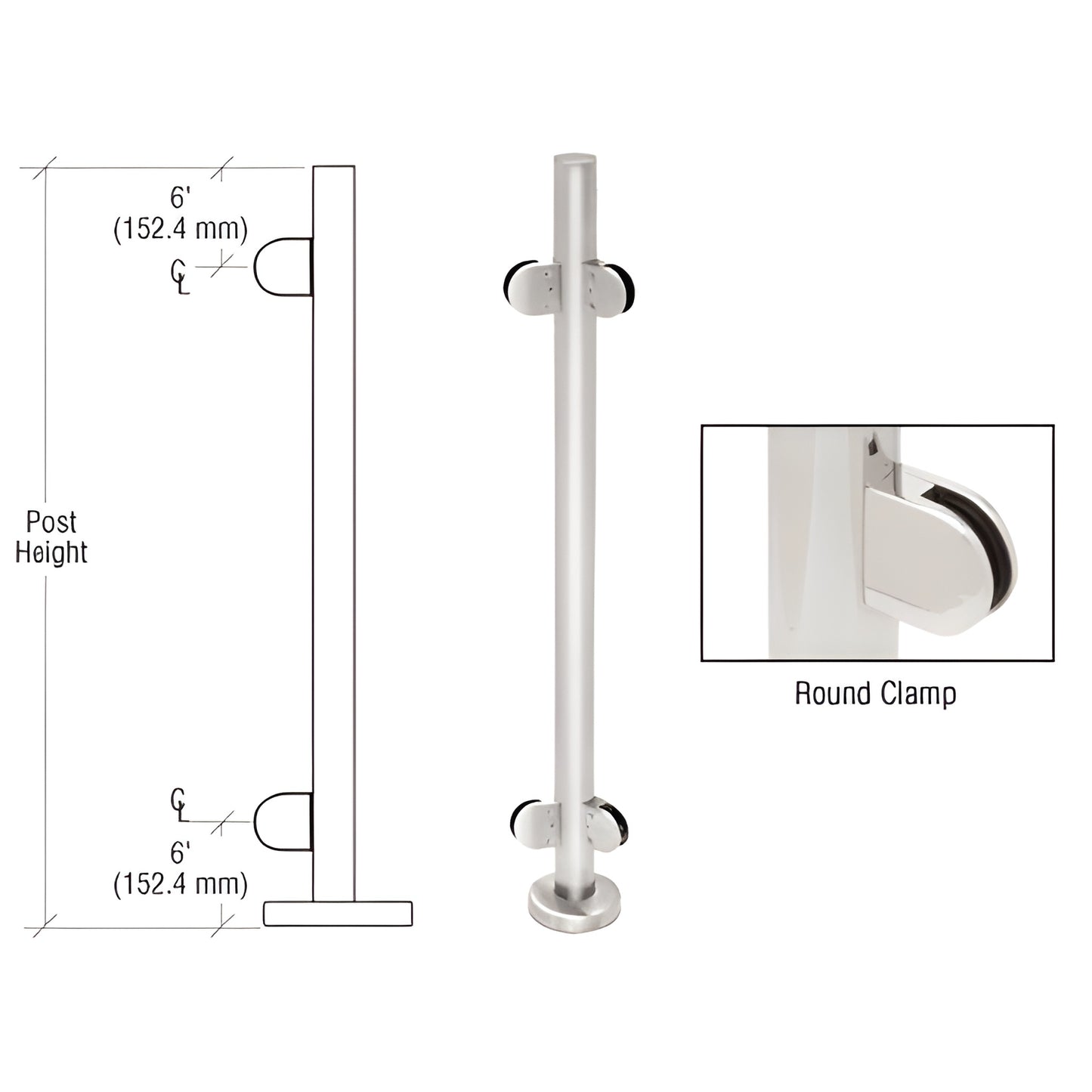PR36APS: polished stainless steel round post kit with base plate and two round Z series glass clamps for 1/2" glass