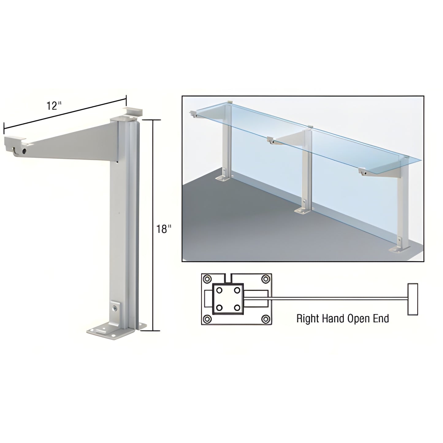 D995ARH0E satin anodized aluminum counter post, 18" high, 12" glass shelf support, right-hand open end.