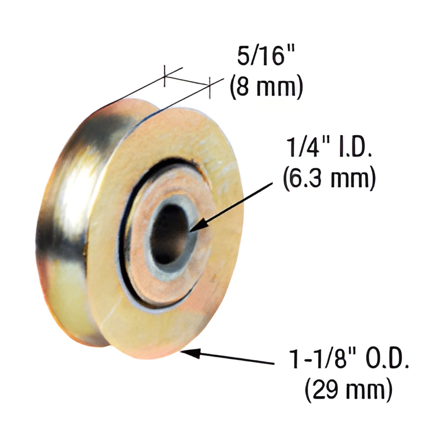 Stainless steel concave center-grooved replacement roller, 1-1/8" OD, 1/4" ID, 5/16" wide, SKU D1692