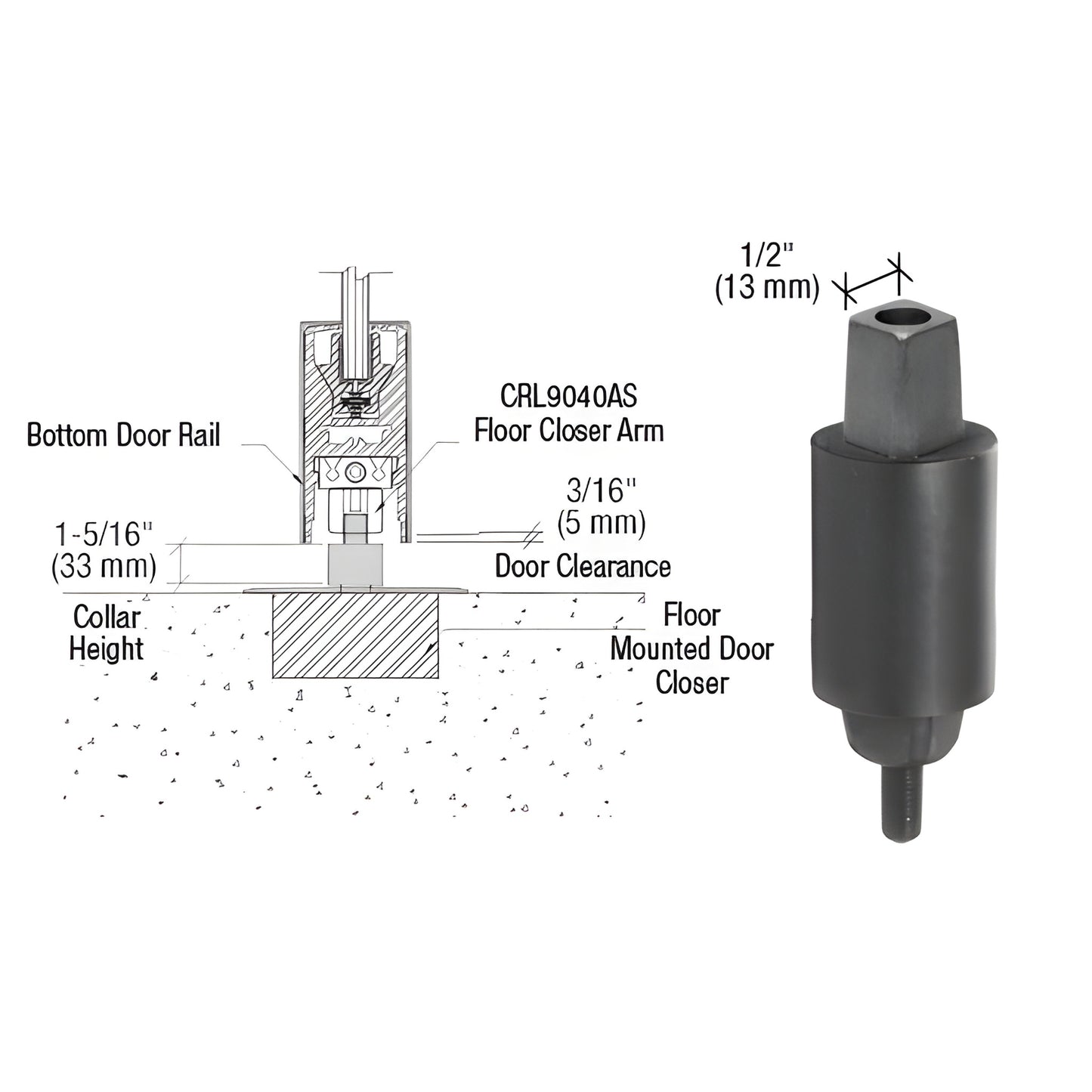 Aluminum MAB square tapered spindle with 1-5/16" collar for floor-mounted door closers, SKU CRL9050S33.