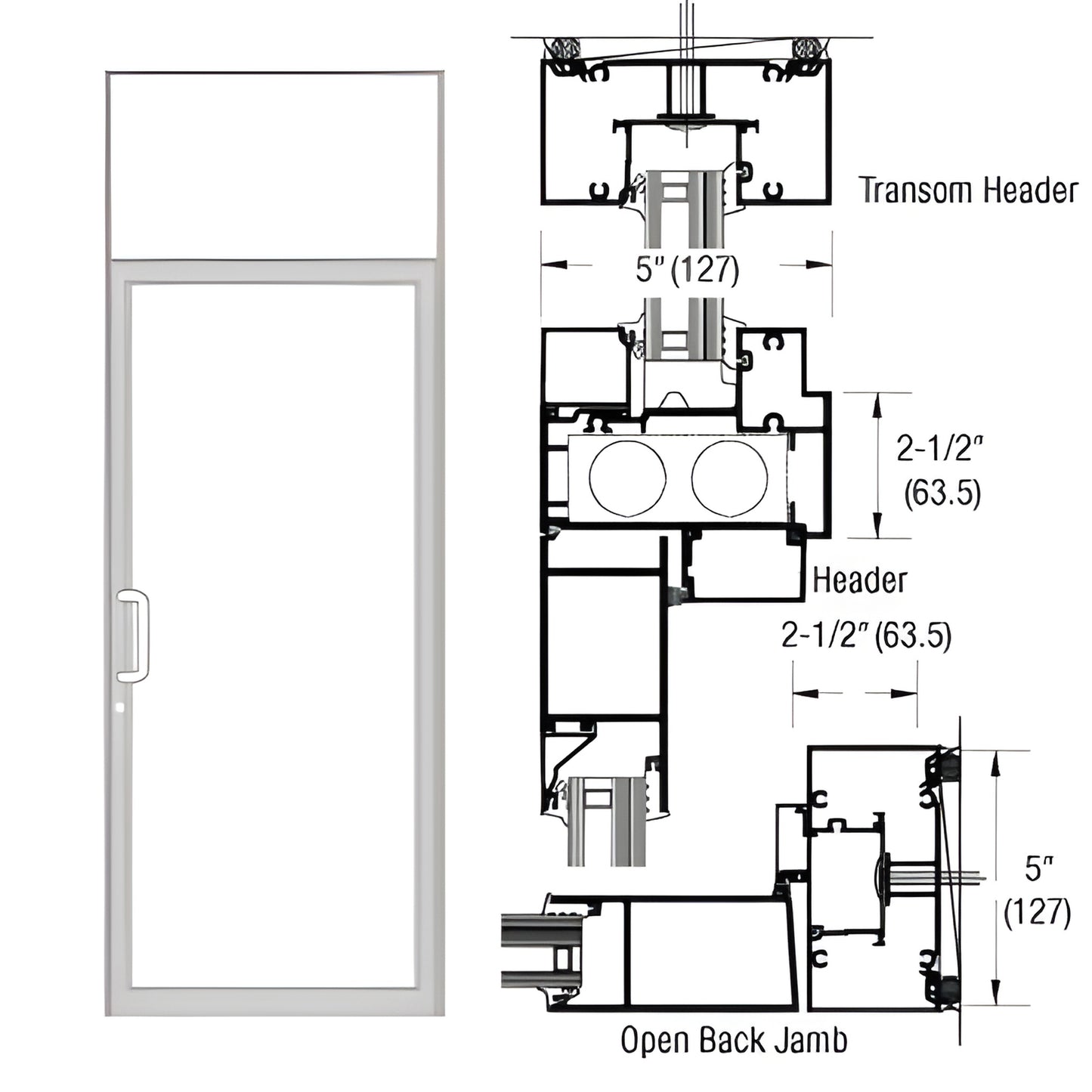 Clear anodized transom door frame with hinged impact door, transom above and technical cross-section drawing - SKU 0F91911