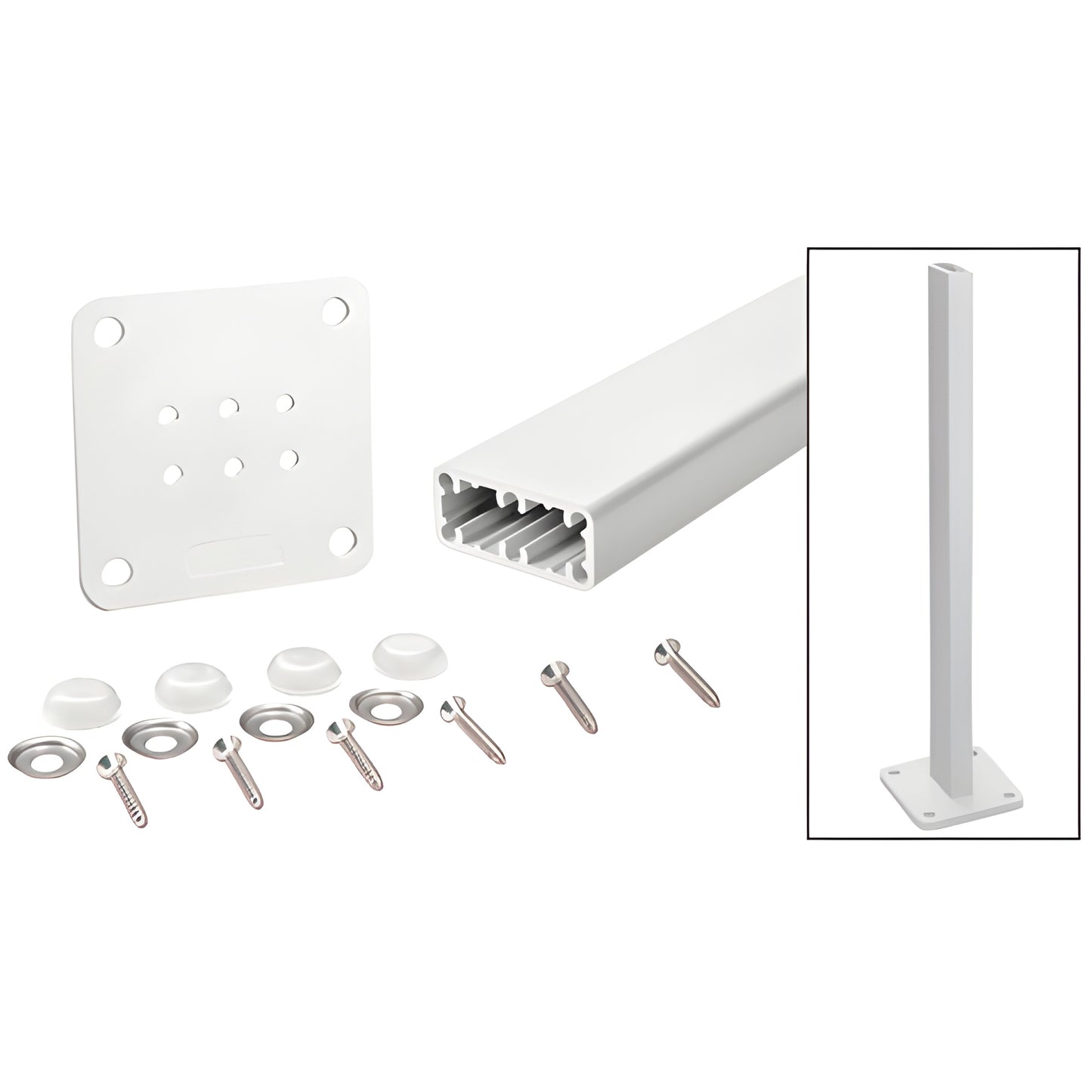 HPT36KW: sky-white aluminum 36" trim-line surface mount post kit with base plate, screws, washers and bolt cover buttons.