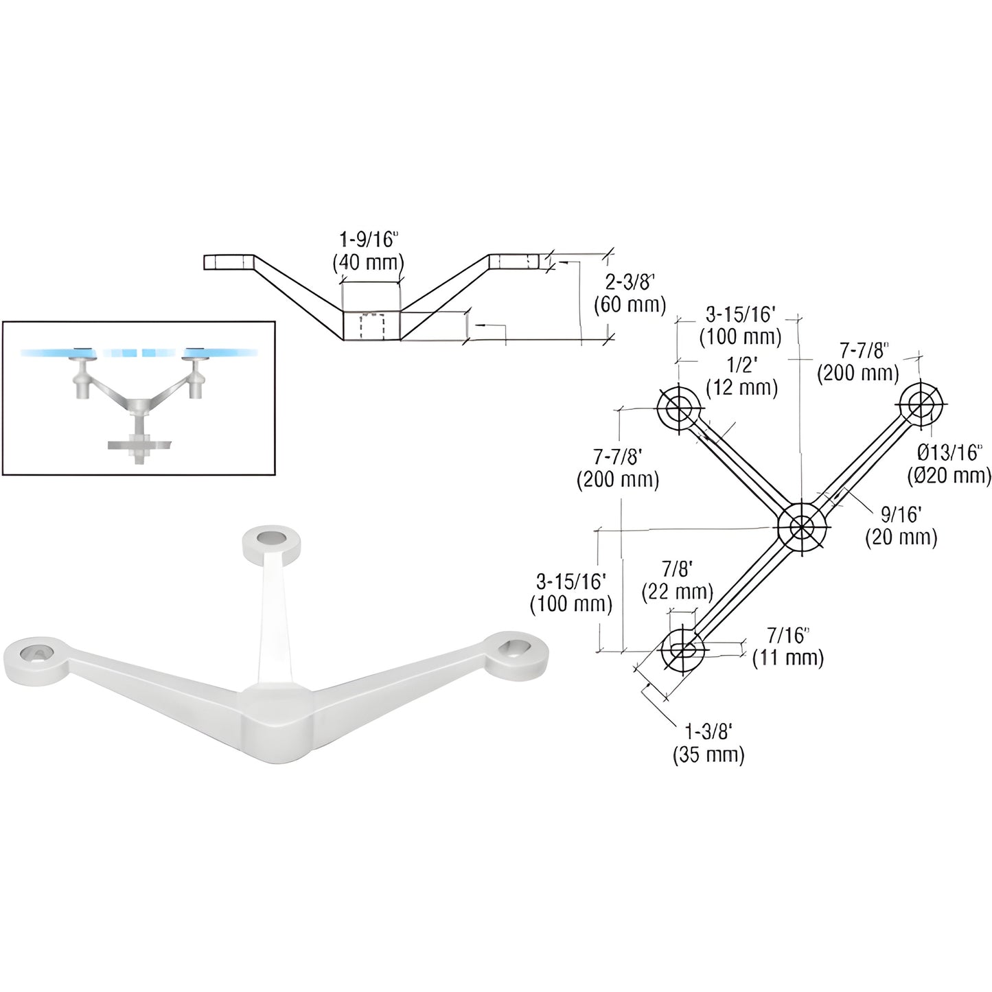 CRL PMR3PS three-arm stainless steel center-post fitting for three 1/2" (12 mm) tempered glass panels; mounting kit included