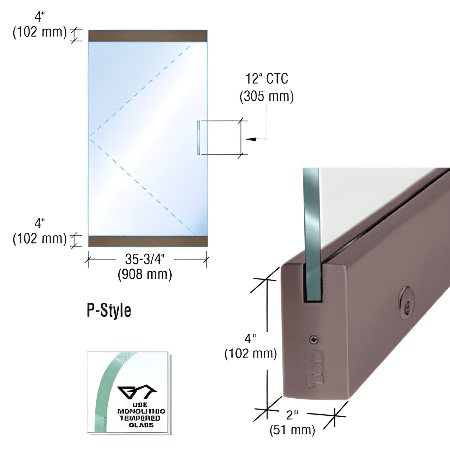 P4DU12SL P style frameless glass door kit with black bronze anodized aluminum dry glaze rails for 1/2" (12mm) tempered glass