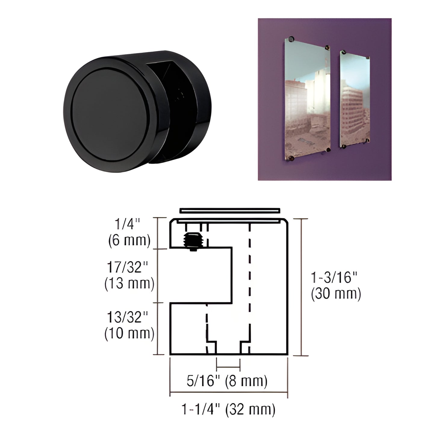 Matte black 1-1/4" stainless steel no-drill edge grip for 1/2" glass or panels, SKU EG12MBL.