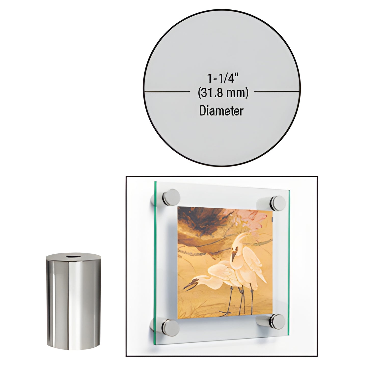 Polished chrome 1-1/4" brass standoff (S0B1142CH) shown with glass panel mounting example.