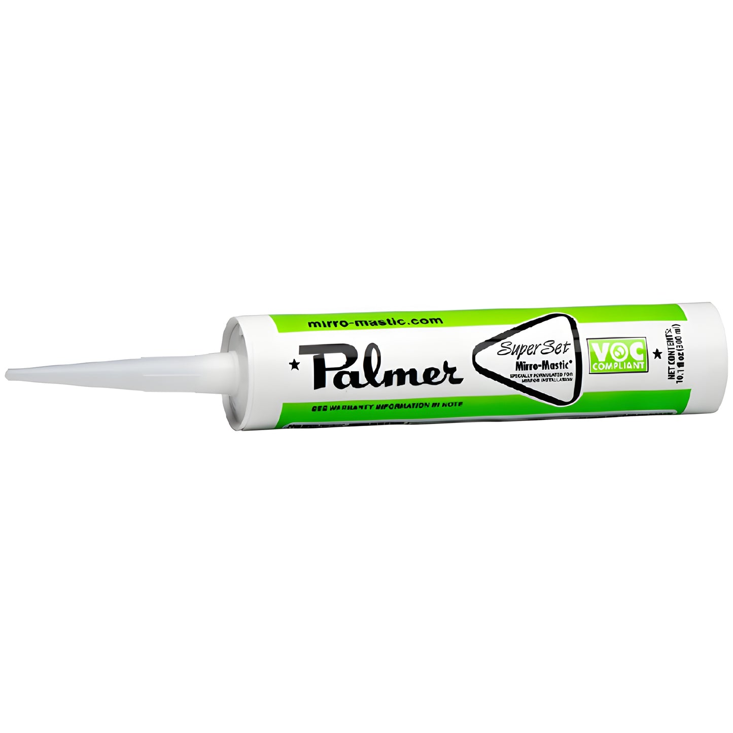 Palmer SuperSet Mirro-Mastic PM290 10.1 oz white adhesive cartridge with nozzle, green-and-white VOC-compliant label.