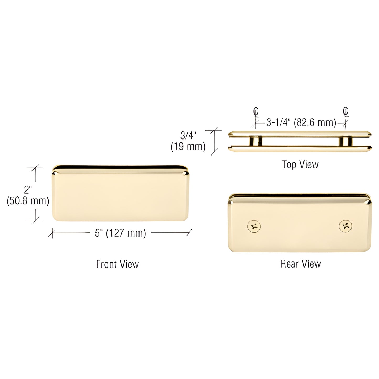 BGC180ULBR beveled 180 glass-to-glass clamp, unlacquered polished brass, front/top/rear views, 5" 2" dimensions.