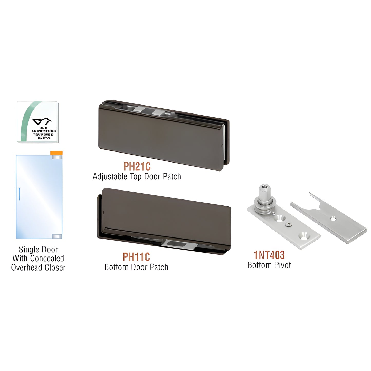 CRL PHE2DU European patch door kit - black bronze adjustable top patch, bottom patch and bottom pivot for 3/8-1/2" glass