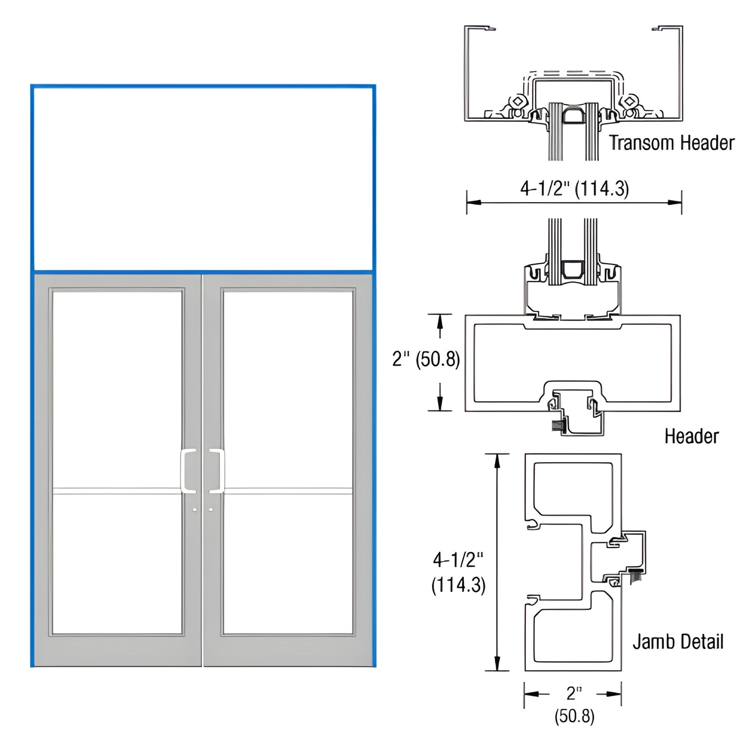 Aluminum transom storefront double doors with transom above, 72x84 door opening, 76x126 frame, custom Kynar SKU FD62871