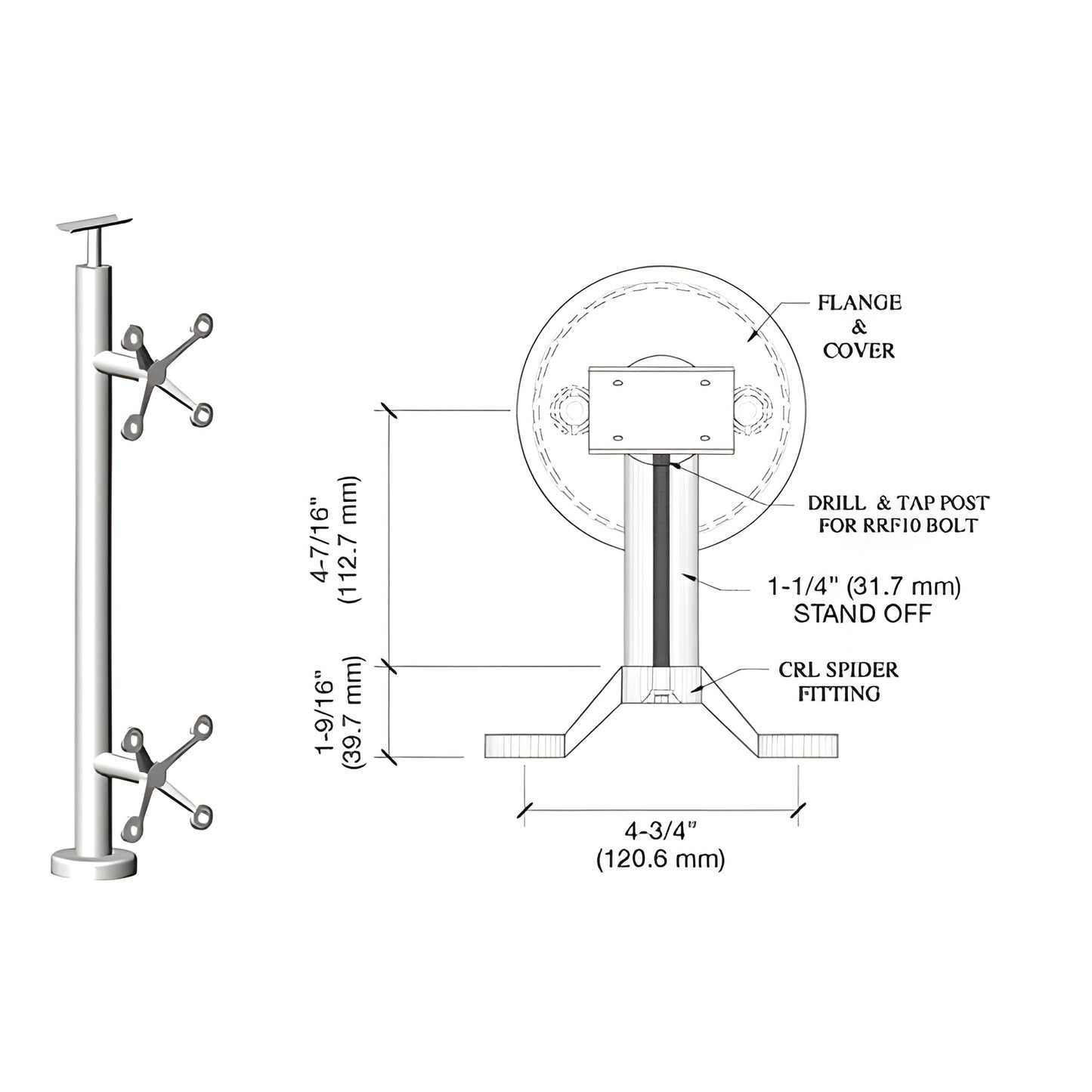 CRL P636CPS polished stainless steel spider post railing kit with base plate, welded saddle and fixed glass spider fittings.