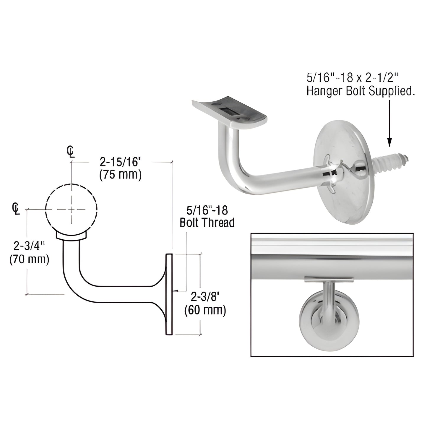 HR20B4PS polished stainless concealed surface handrail bracket, fits 1.9-2" tubing, 75mm (2 15/16") projection.