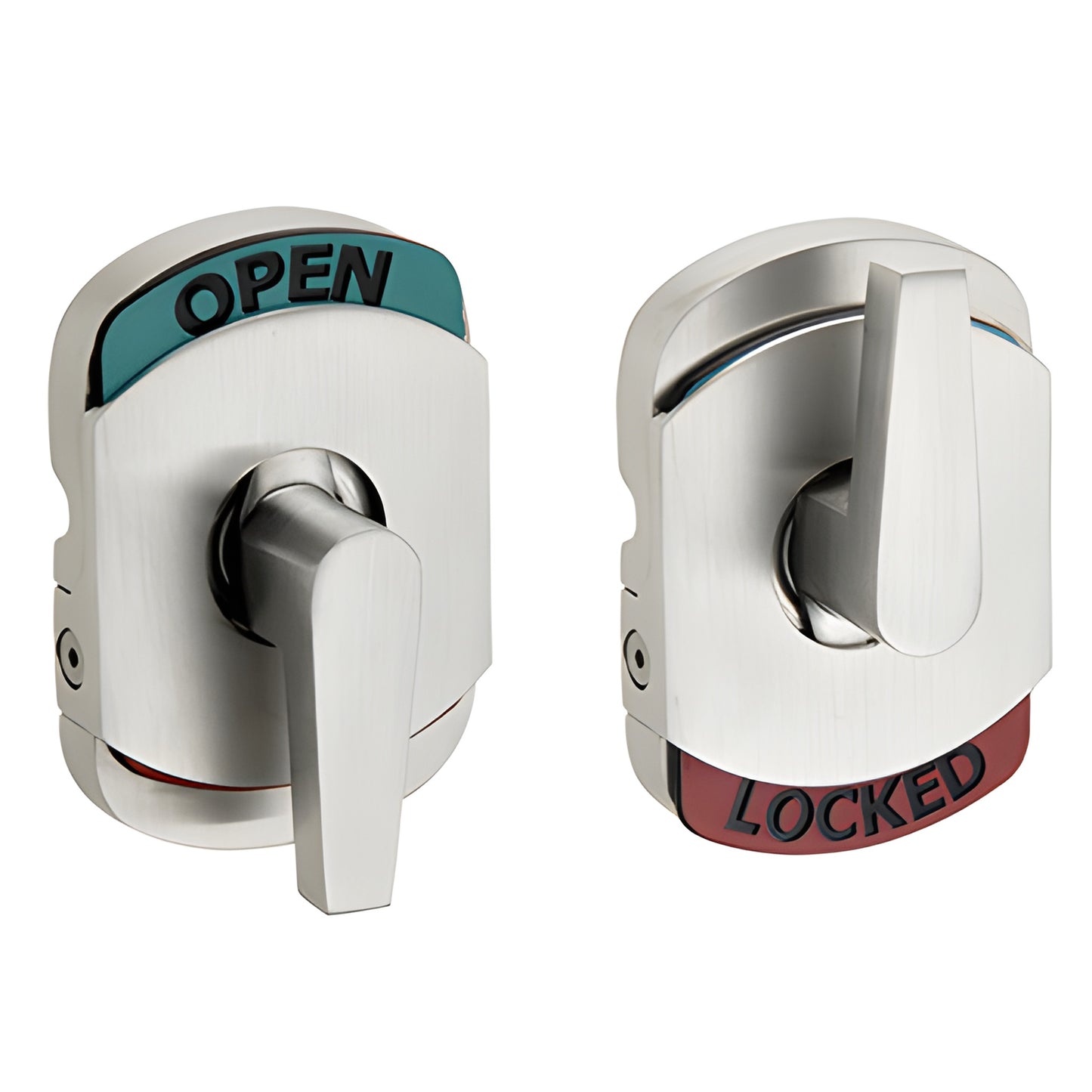 CRL Lock Indicator Adaptor (SKU LLPA1NDBS) brushed stainless steel showing OPEN (teal) and LOCKED (red)