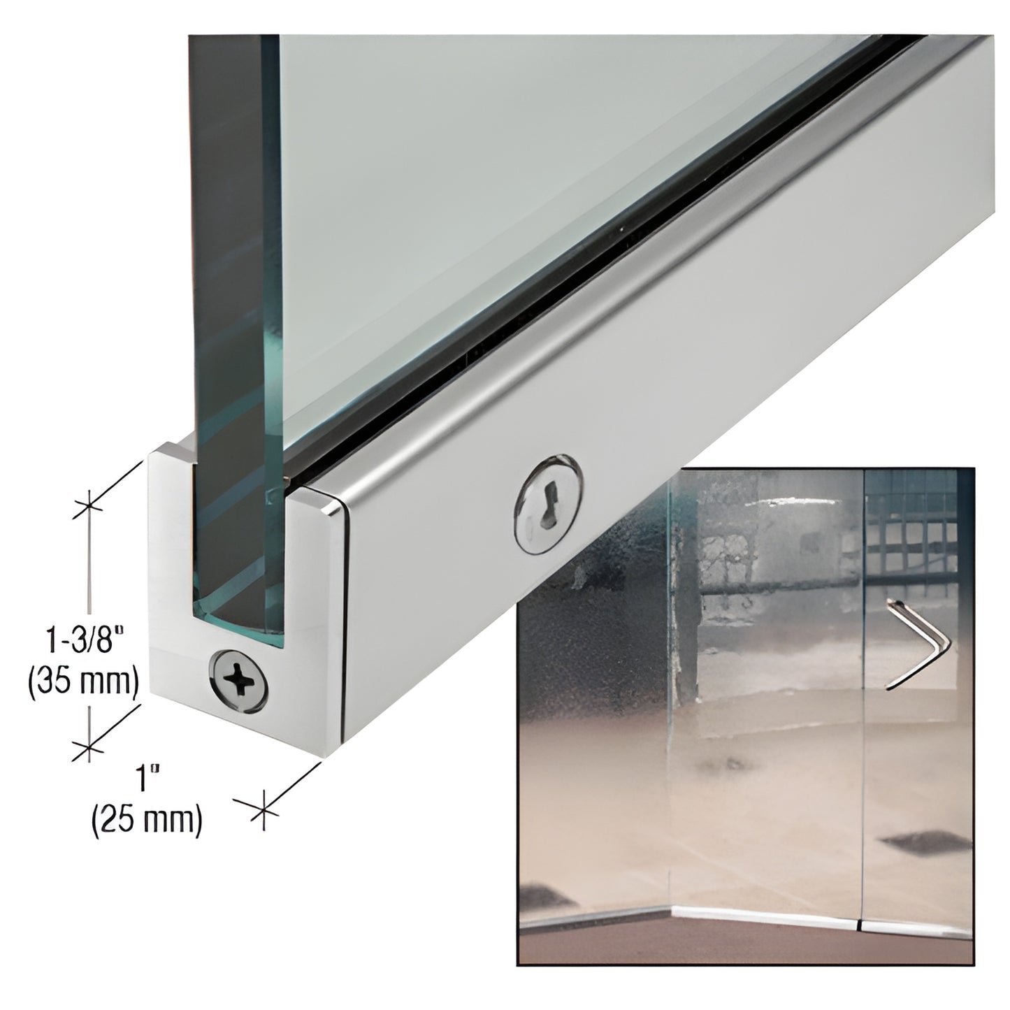 SP35BS12CR slender 1 in brushed stainless door rail for 1/2 in (12 mm) tempered glass, cam lock shown