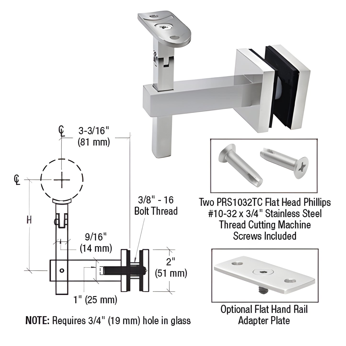 Polished stainless adjustable glass-mounted handrail bracket (HR7EGPS) for 1/2 to 1-1/16" glass, requires 3/4" hole.