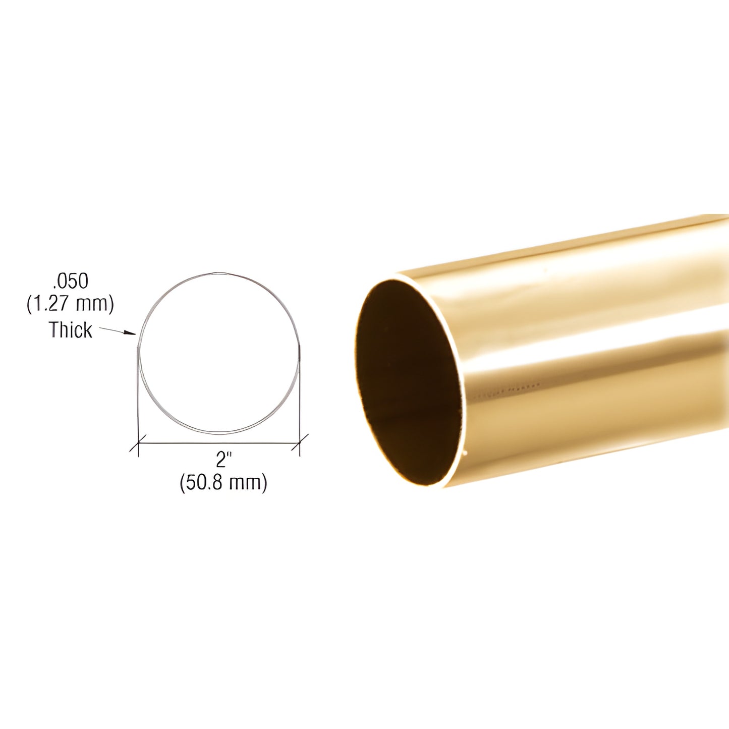 Polished brass 2 in. diameter hand railing tubing HR20PB, 0.050 in wall, hollow round tube, polished finish